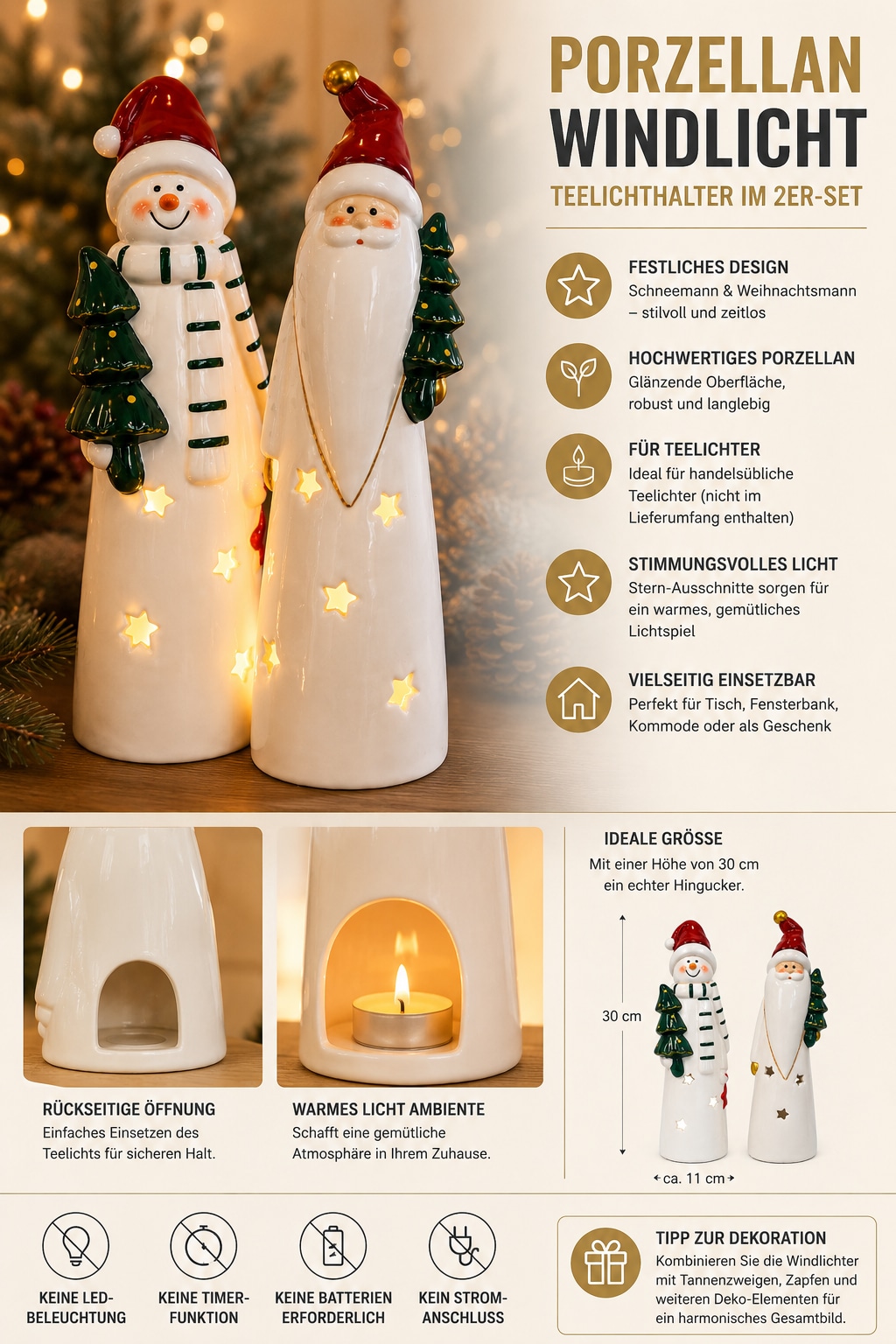GOODproduct Porte-bougies à chauffe-plat »Deko Weihnachten Eeske, aus Porzellan detailreich bemalt« Père Noël et bonhomme de neige en lot de 2, chacun environ 31 cm de hauteur