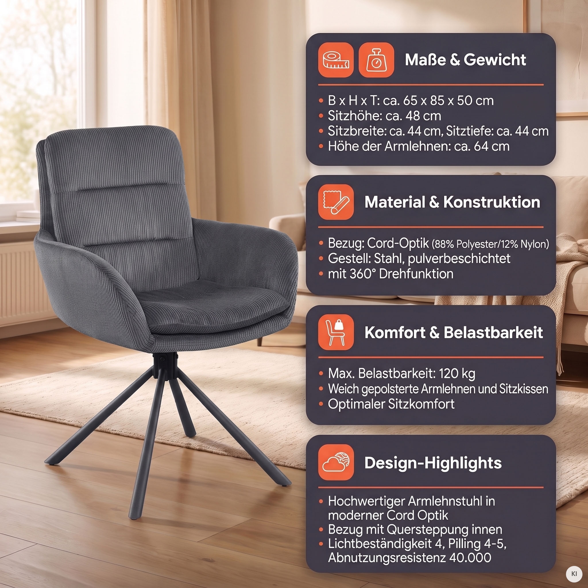 SalesFever Chaise de salle à manger »Pizzo Eleganter Armlehnstuhl« () 1 cuisfauteuil de salle à manger en velours côtelé avec rotation 360°