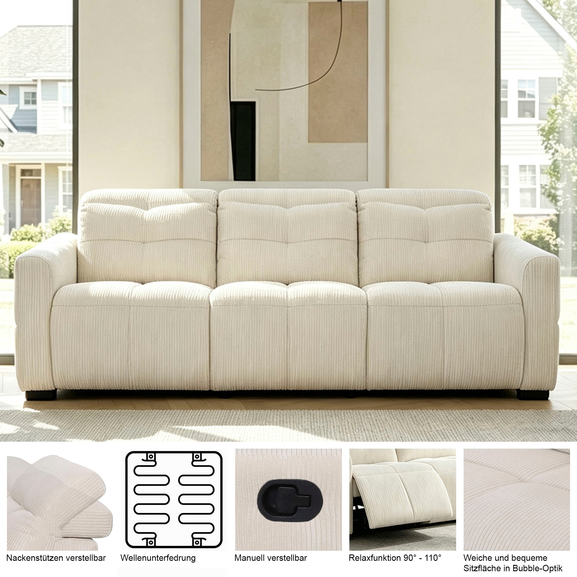 GOODproduct 3-places »CAARLA Webstoff, Sofa, 224 cm, man. o. elektr. Relaxfunktion (USB)« avec USB-A et USB-C en version électrique, réglage de la tête