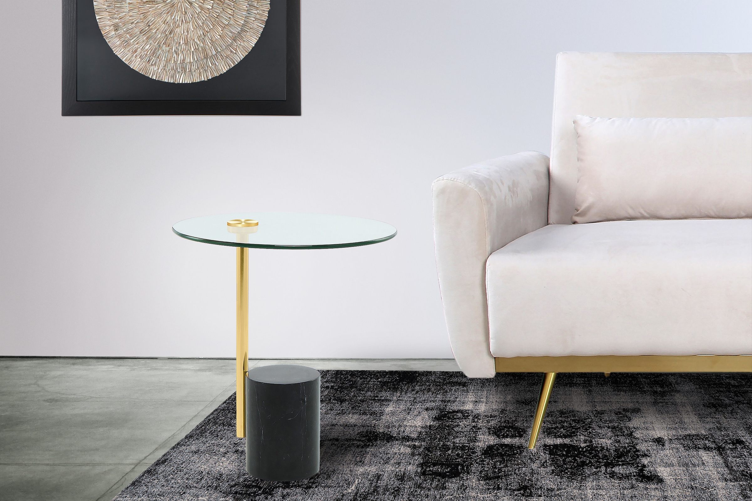 Kayoom Beistelltisch »Rosario 525, Beistelltisch in glamourösem Stil,runde Glas-Tischplatte« 1 Stk. tlg. Tischgestell in Metall-Marmor-Kombination, Sockel Ø 17 cm