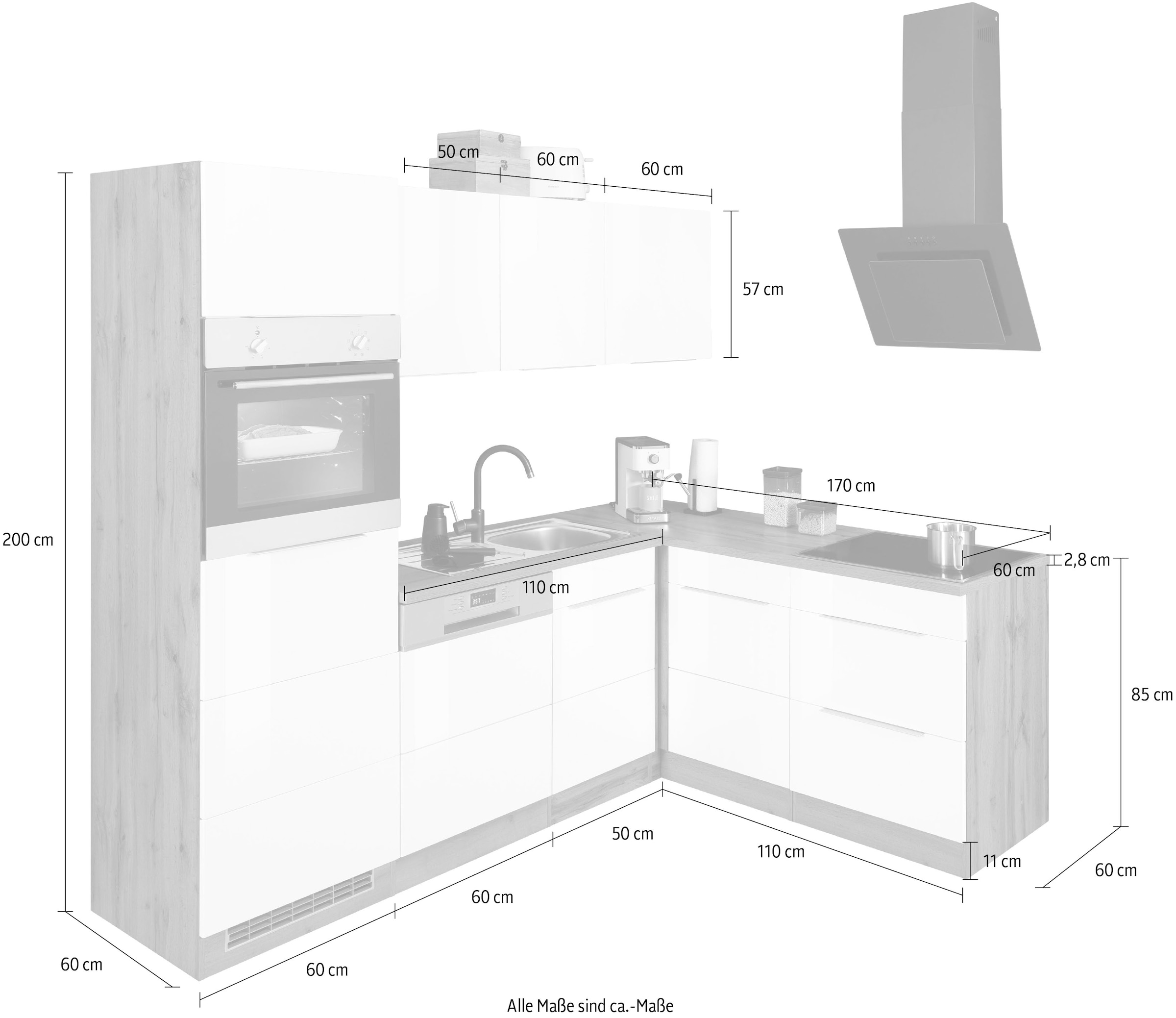 KOCHSTATION Winkelküche »KS-Brindisi Stellbreite 230/170 cm« wahlweise mit E-Geräten und Induktion, mit MDF-Fronten