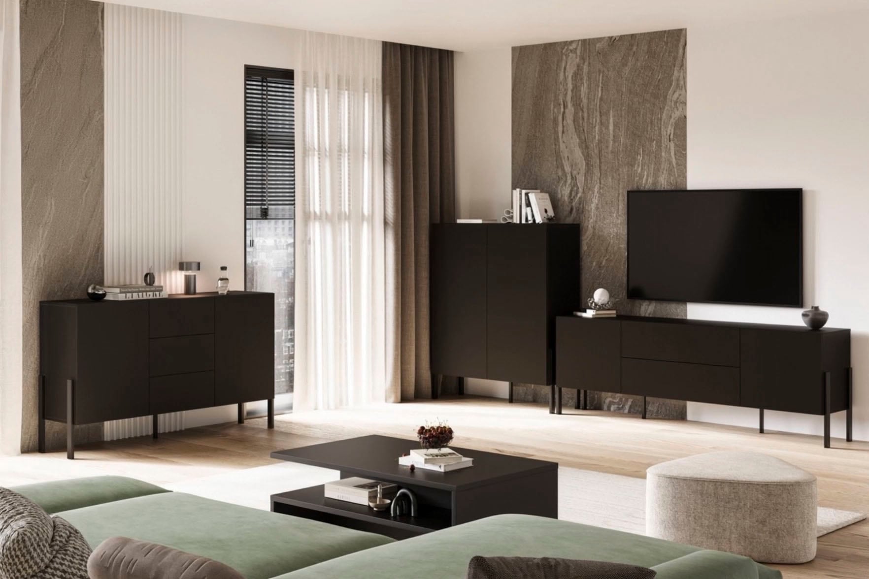 GOODproduct Sideboard »Jukon, Breite 150 bzw.180 cm, moderne grifflose Kommode« Schubladenschrank 2 Türen/3 Schubkästen, push-to-open-Funktion