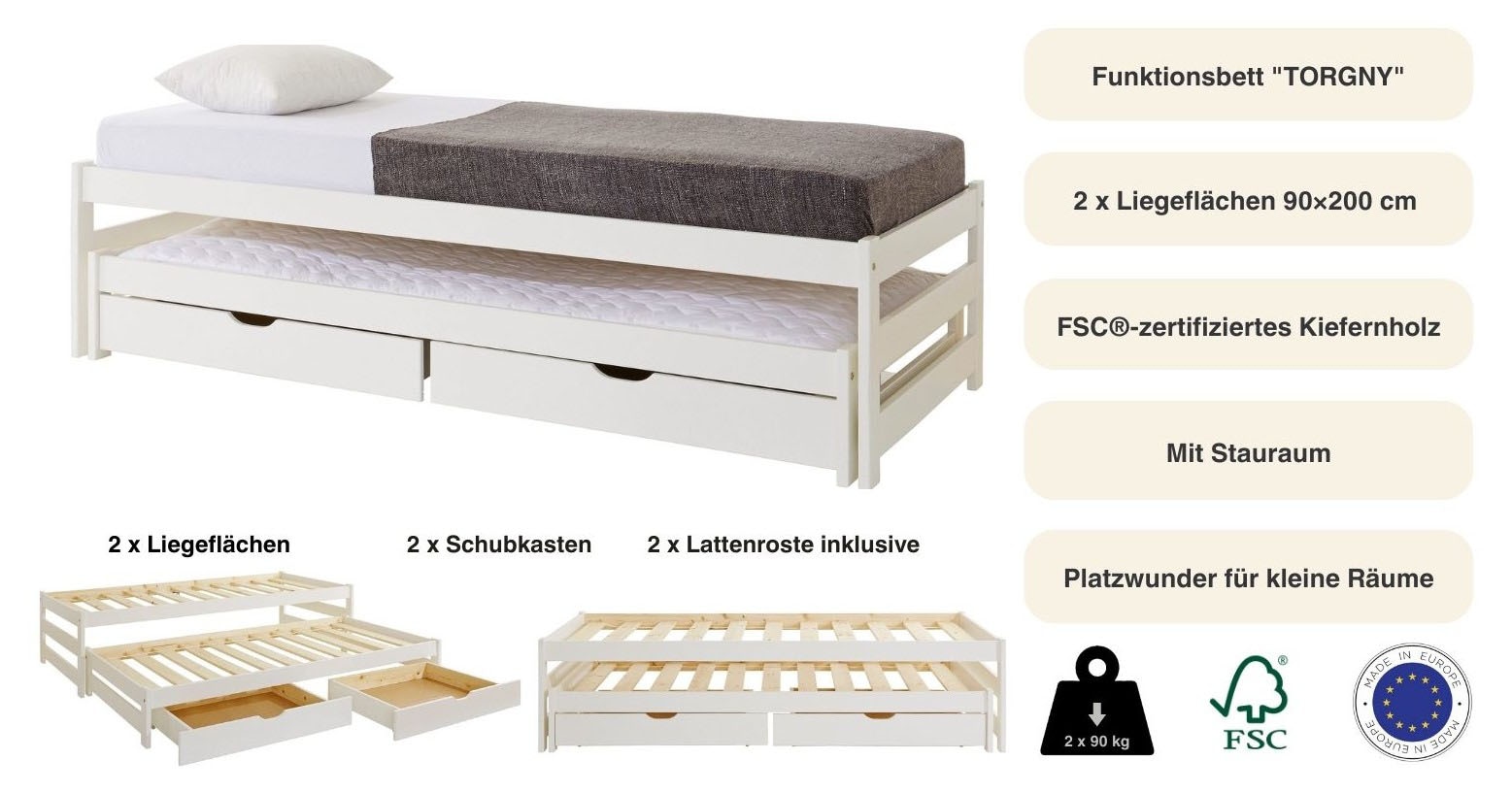 Lüttenhütt Lit fonctionnel »"TORGNY " mit 2 Schubladen« mit zwei Schlafplätzen