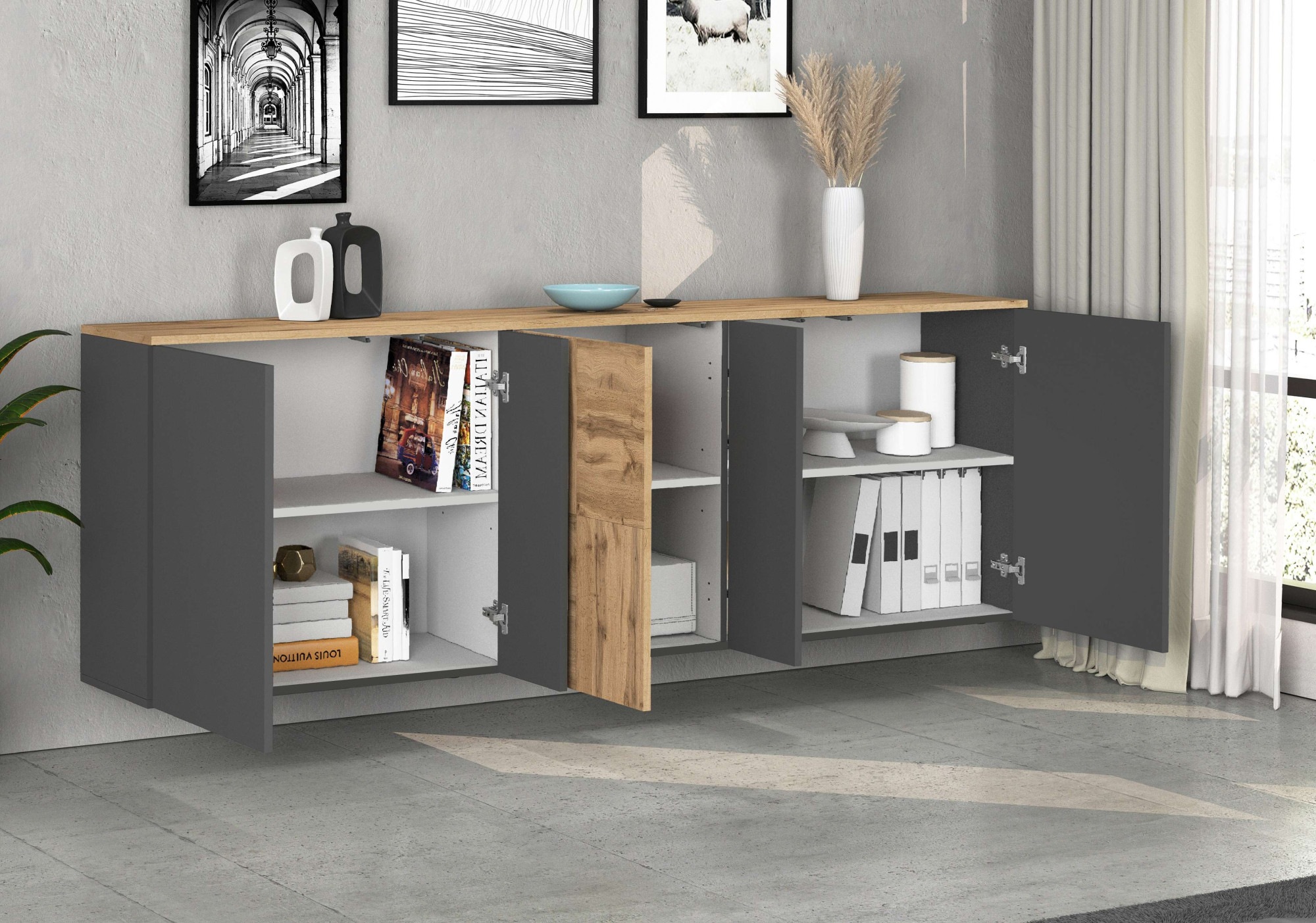 GOODproduct Sideboard »ISEO, Kommode, Schrank, Sideboard, Lowboard, 6 Fächer, Breite 200 cm« 1 cuis tlg. stehend/hängend, 5 Türen, 6 Fächer, Breite 200 cm