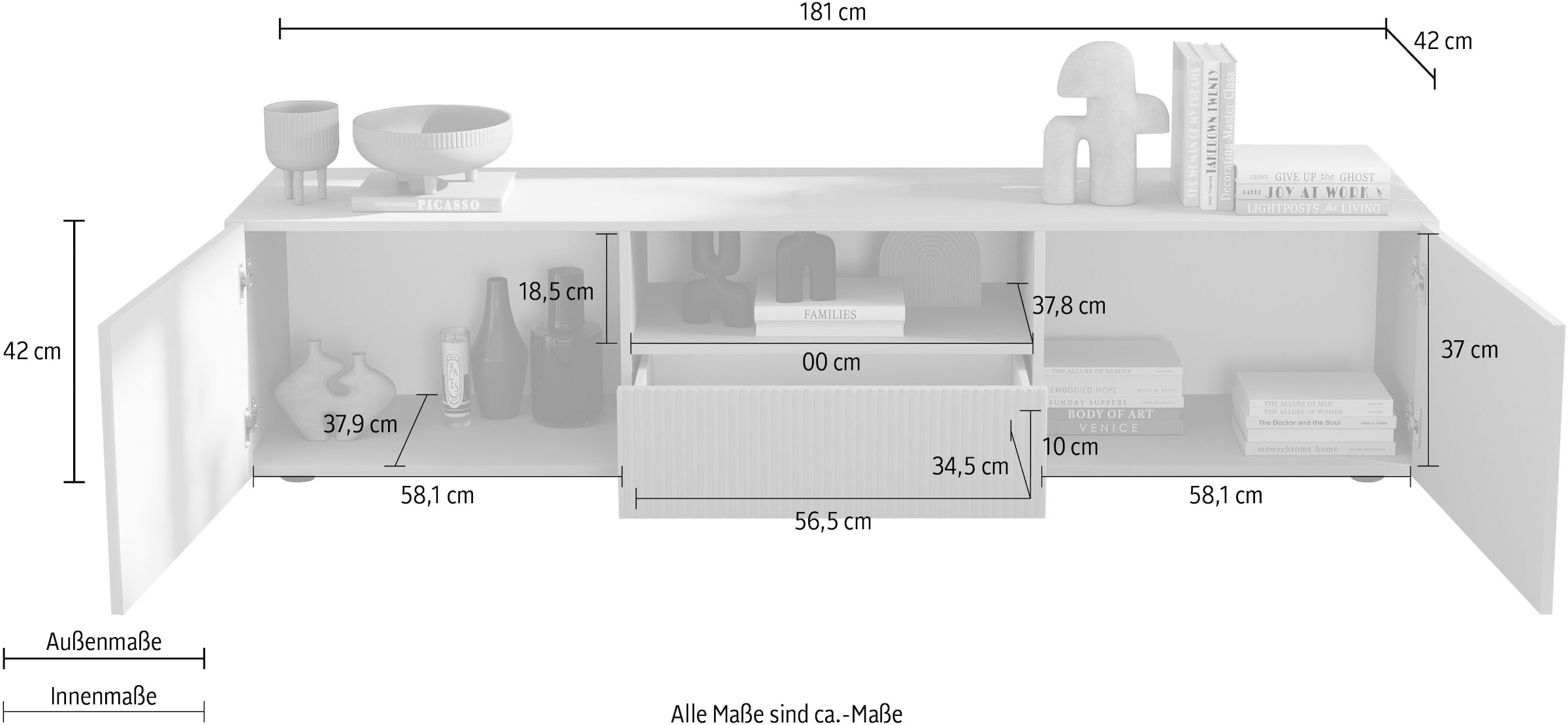 Home affaire Table basse »Rio Breite 181 cm, TV-Board 2 Türen u. 1 Schubkasten, TV-Schrank« geriffelte MDF-Fronten, modern u. elegant, Kabelführung, viel Stauraum