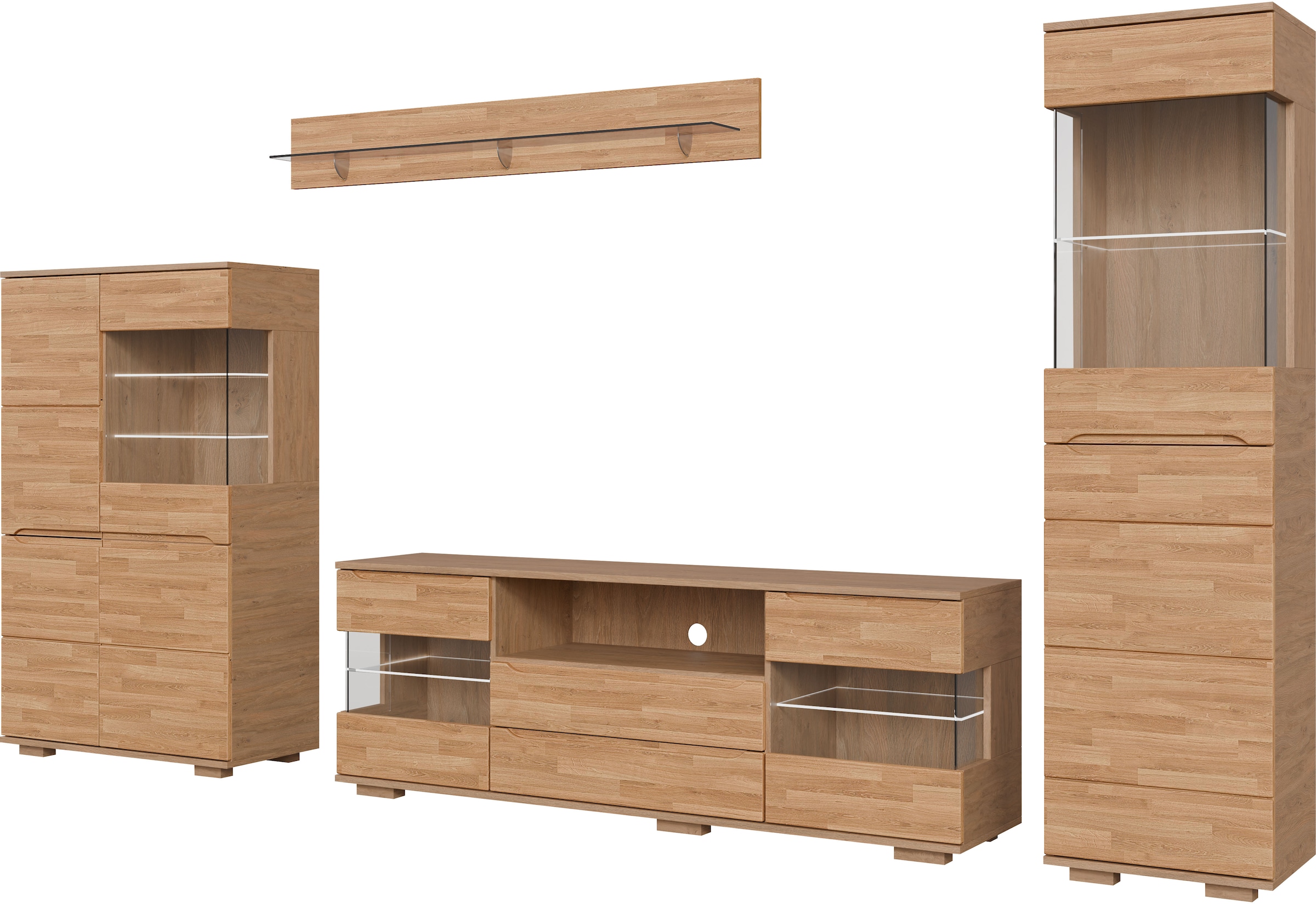 GOODproduct Wohnwand »VETRO: besteht aus 2 Vitrinen, 1 Sideboard & 1 Wandregal, Wohnzimmer.« 4 Stk. tlg.