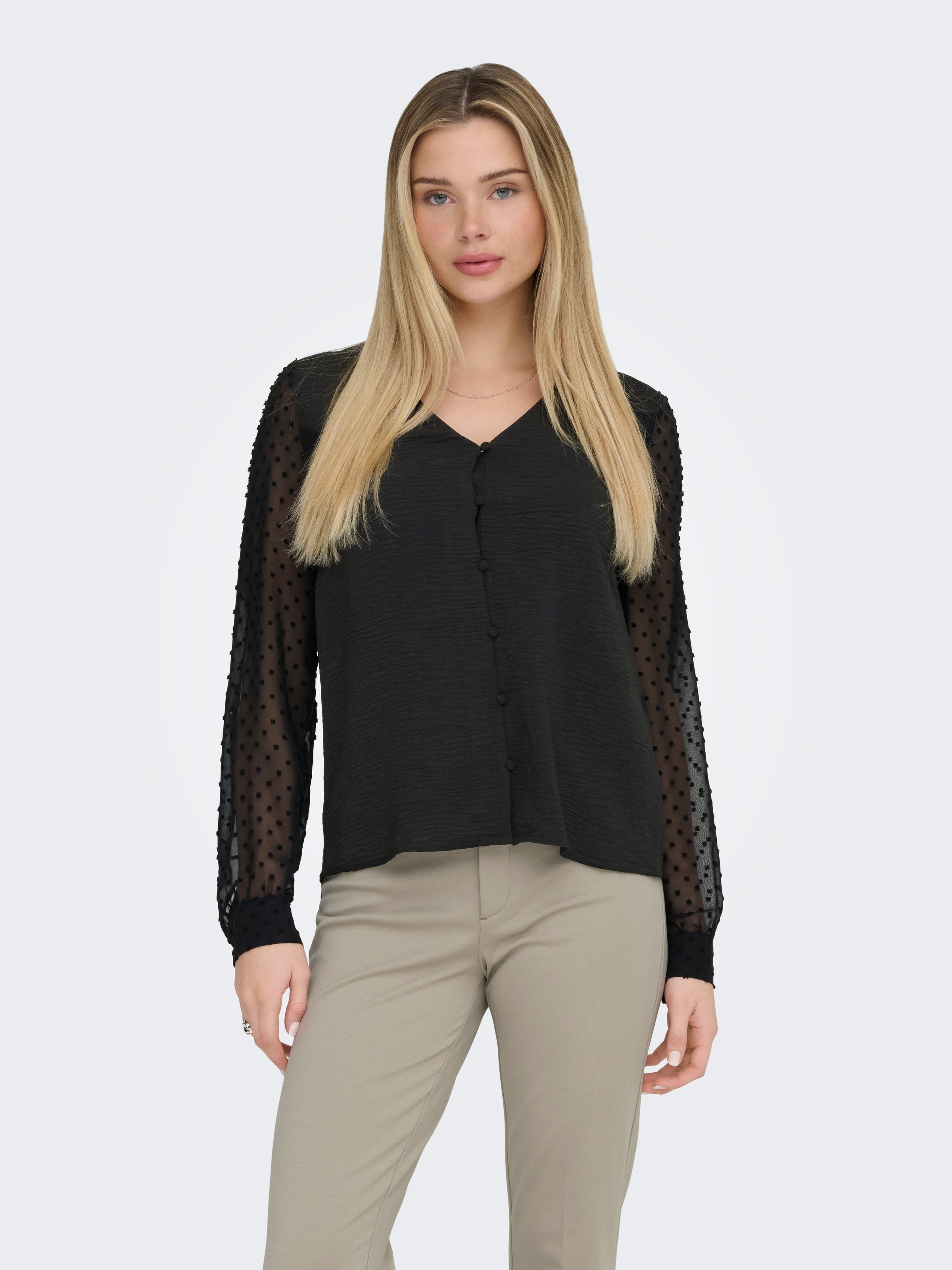 ONLY Blouse à manches longues »ONLRHODES METTE L/S DOBBY VNECK TOP WVN« matière structurée, col en V