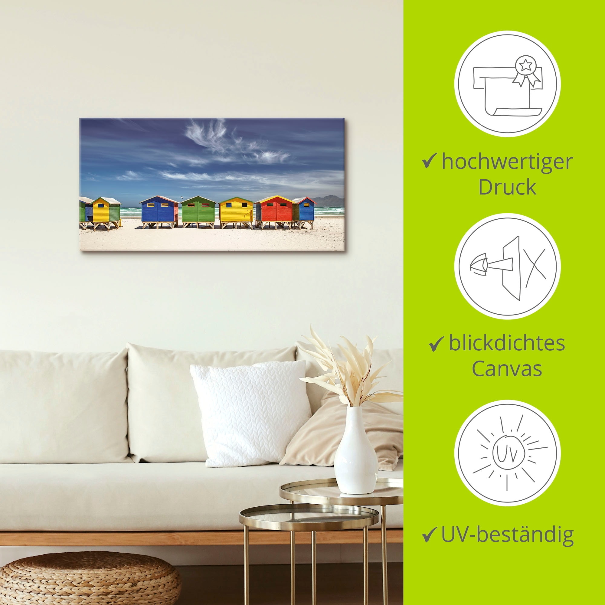 Artland Wandbild »Bunte Strandhäuser bei Kapstadt« Strandbilder 1 Stk. tlg. als Alubild, Leinwandbild in verschied. Grössen