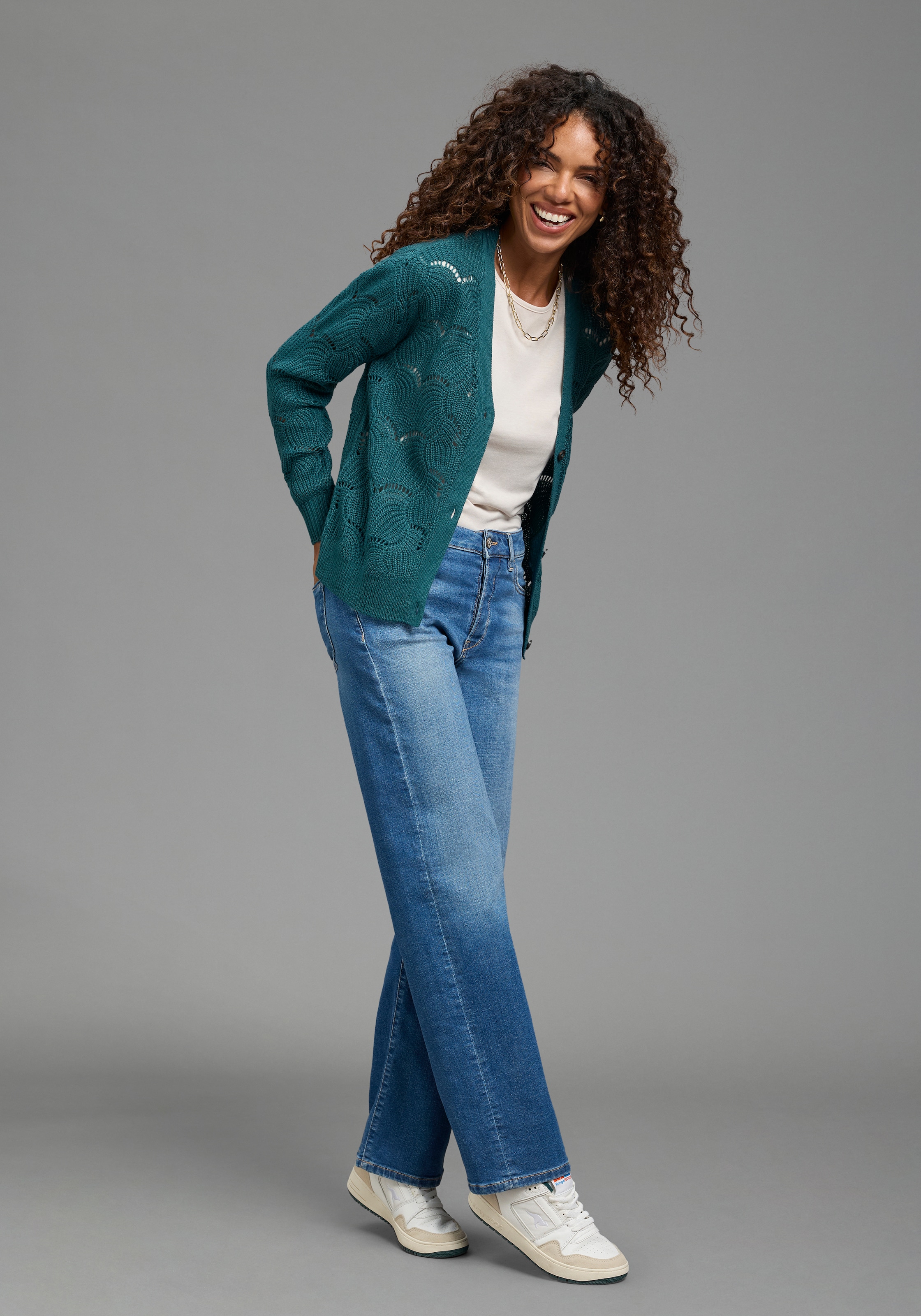 Laura Scott Strickjacke »mit Ajourstrickmuster« kurz geschnitten