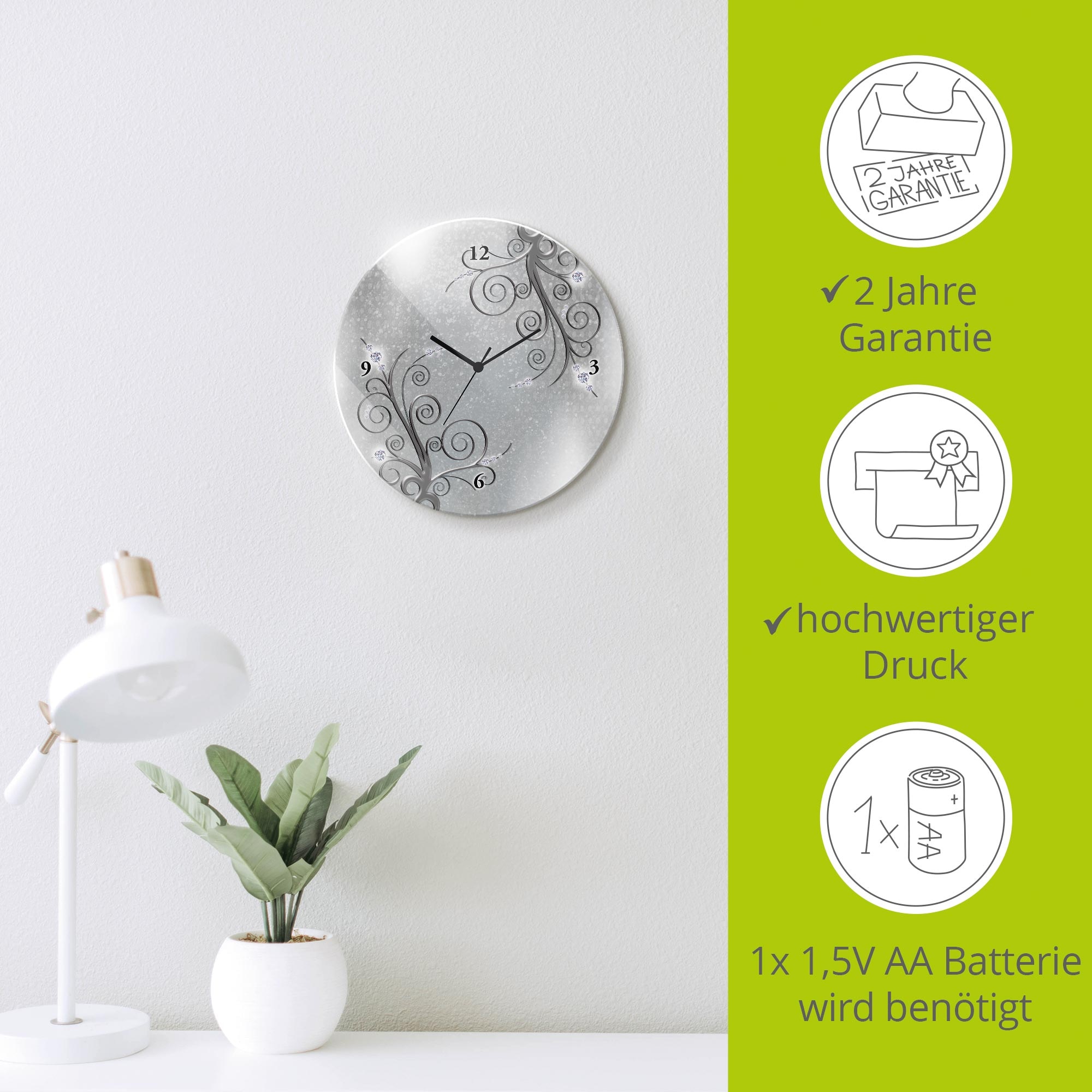 Artland Wanduhr »Glasuhr rund weisse Orchideen auf Ornamenten« wahlweise mit  Quarz- oder Funkuhrwerk, lautlos ohne Tickgeräusche