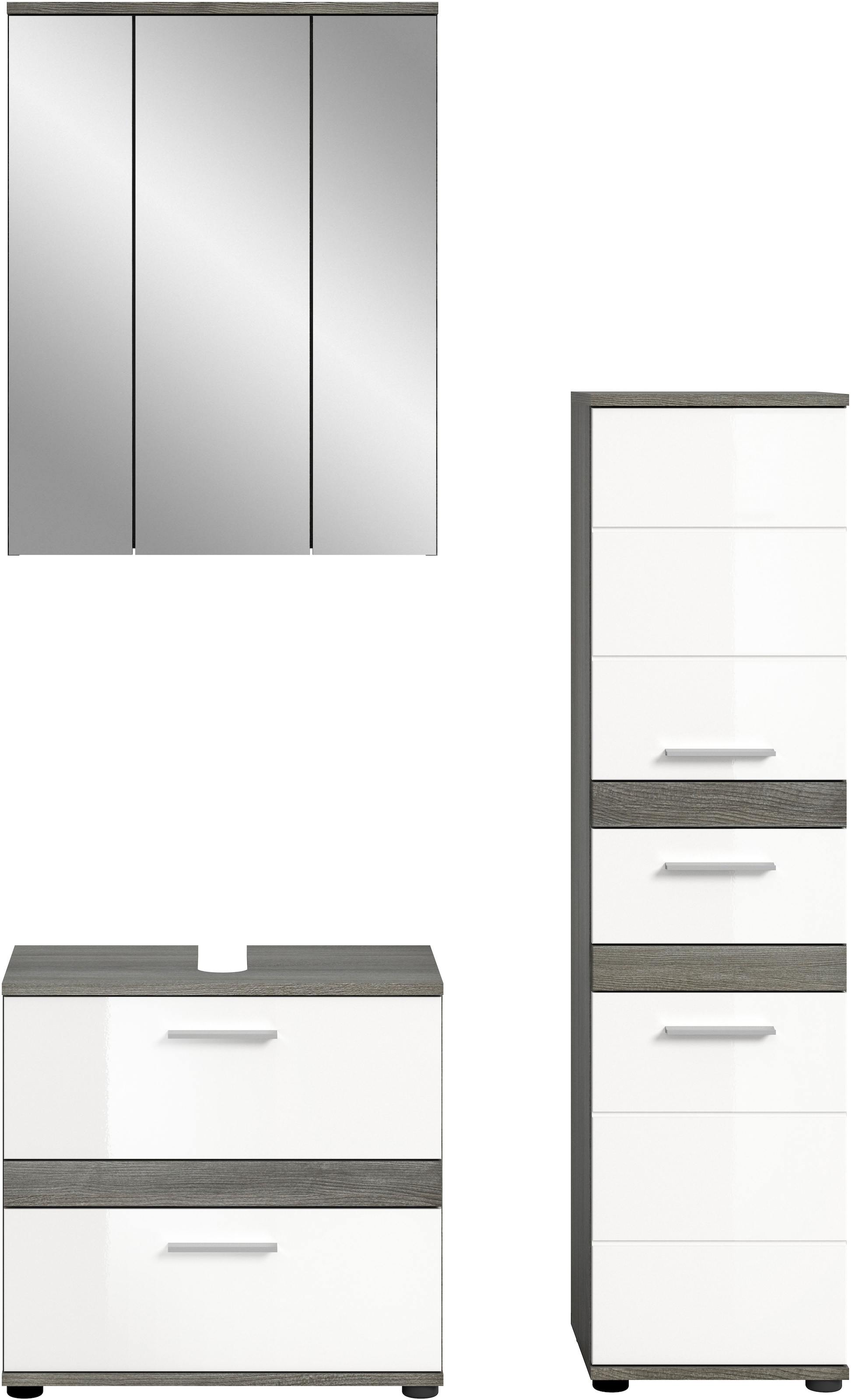 welltime Badmöbel-Set »LUCCA, 3-teilig, TOPSELLER!, hochwertige MDF Front« Set, best. aus: Waschbeckenunterschrank, Spiegelschrank, Hochschrank, 3 Stk. tlg.