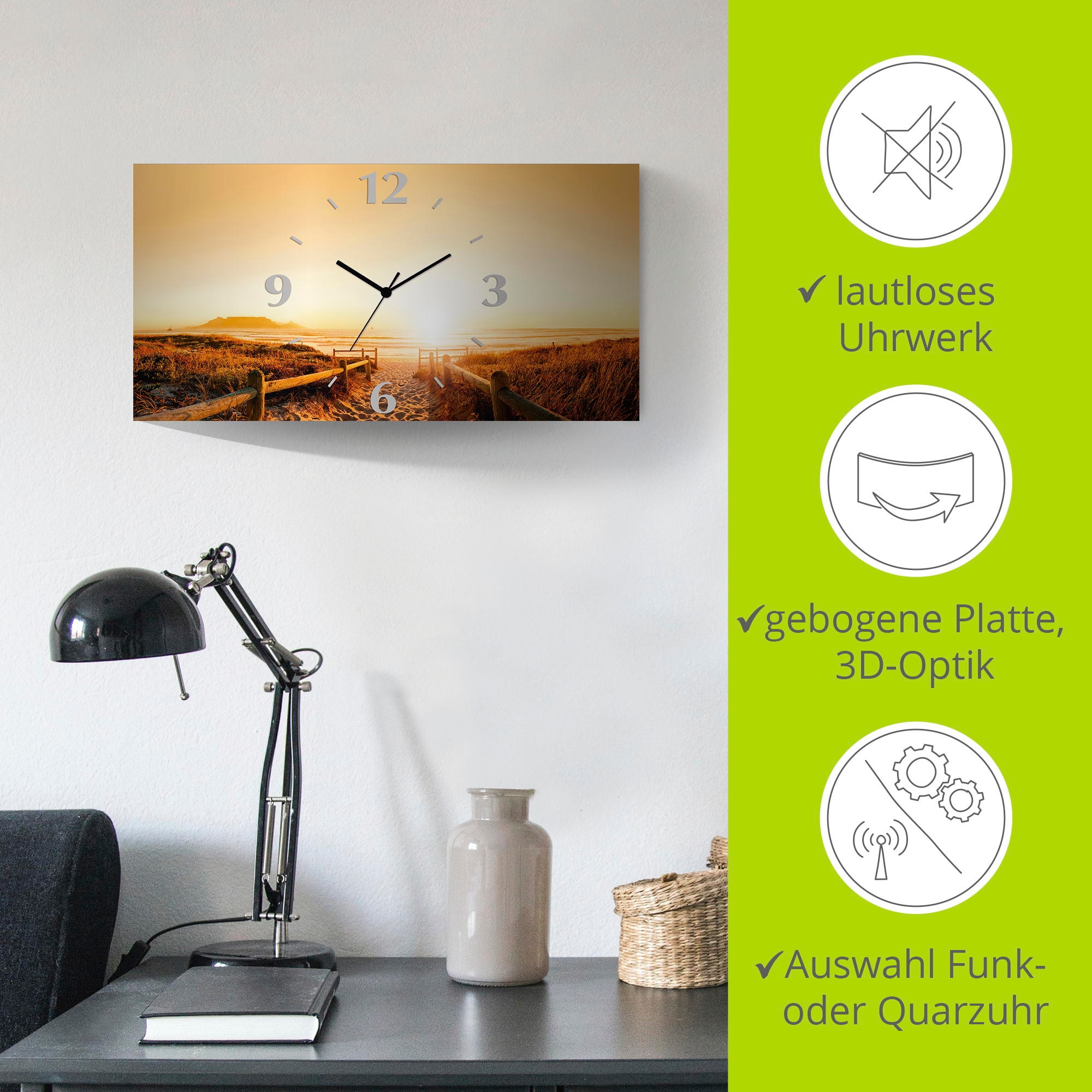 Artland Horloge murale »Sonnenuntergang Panorama Strand« wahlweise mit Quarz- oder Funkuhrwerk, lautlos ohne Tickgeräusche