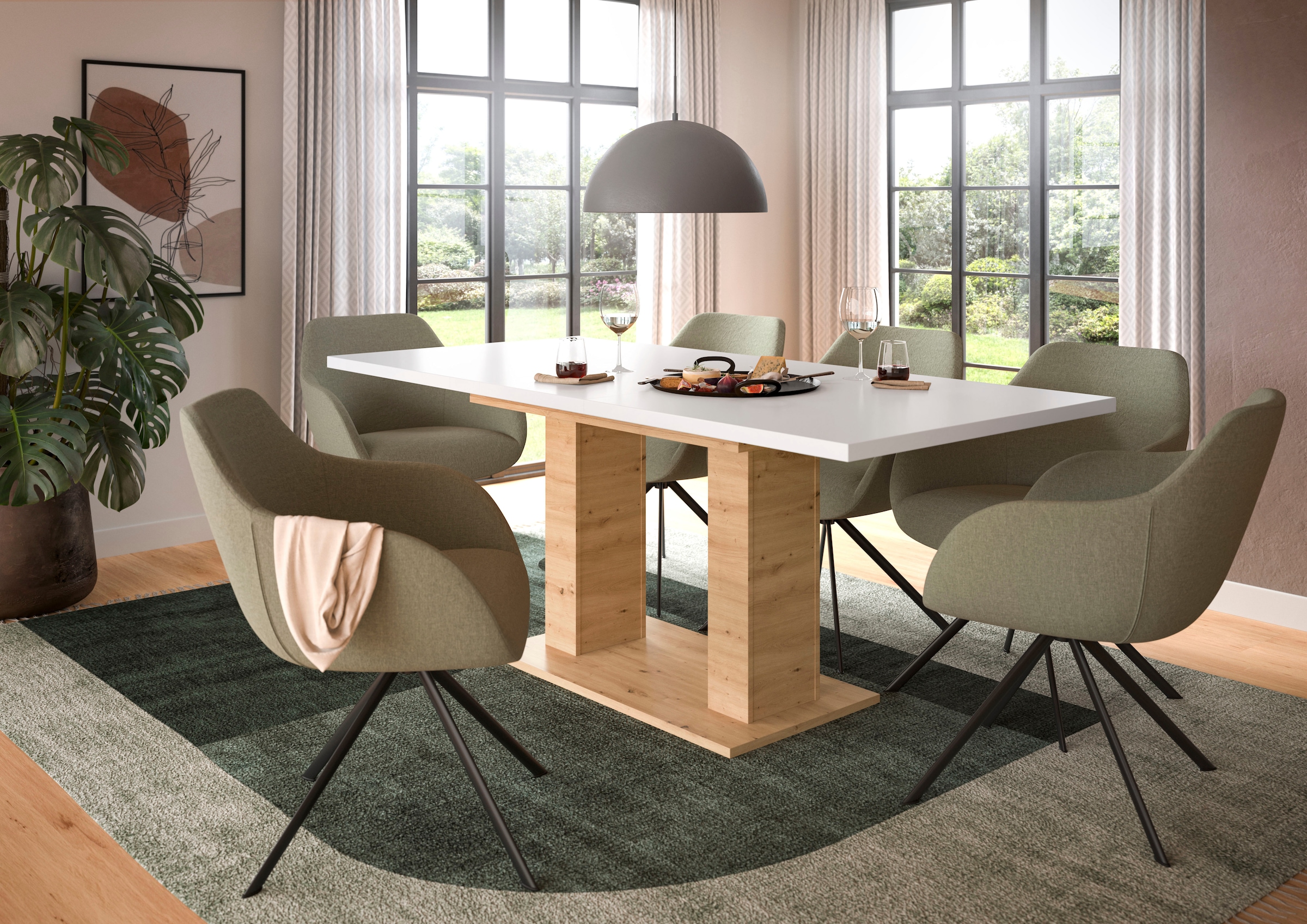 Home affaire Esstisch »Motus, ausziehbar 150 -190 cm, inklusive 40 cm Einlegeplatte« Set, 1 Stk. tlg. Doppelsäulengestell mit Bodenplatte, Tisch, Esstisch, Küche