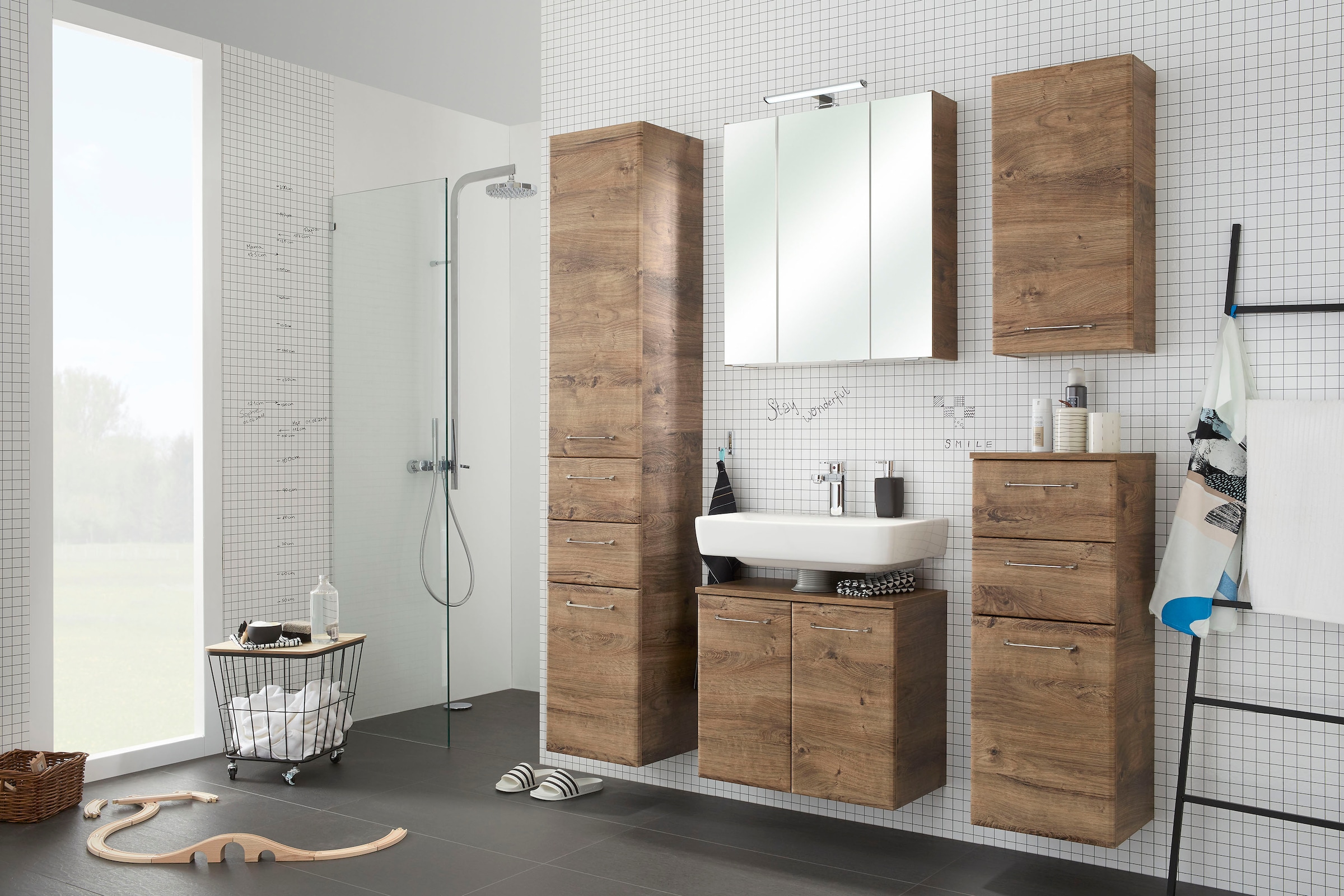 Saphir Armoire basse »Quickset Badschrank mit 1 Tür und 2 Schubladen, 35 cm breit« meuble bas de salle de bain incl. amortisseur de porte, poignées chromées brillantes