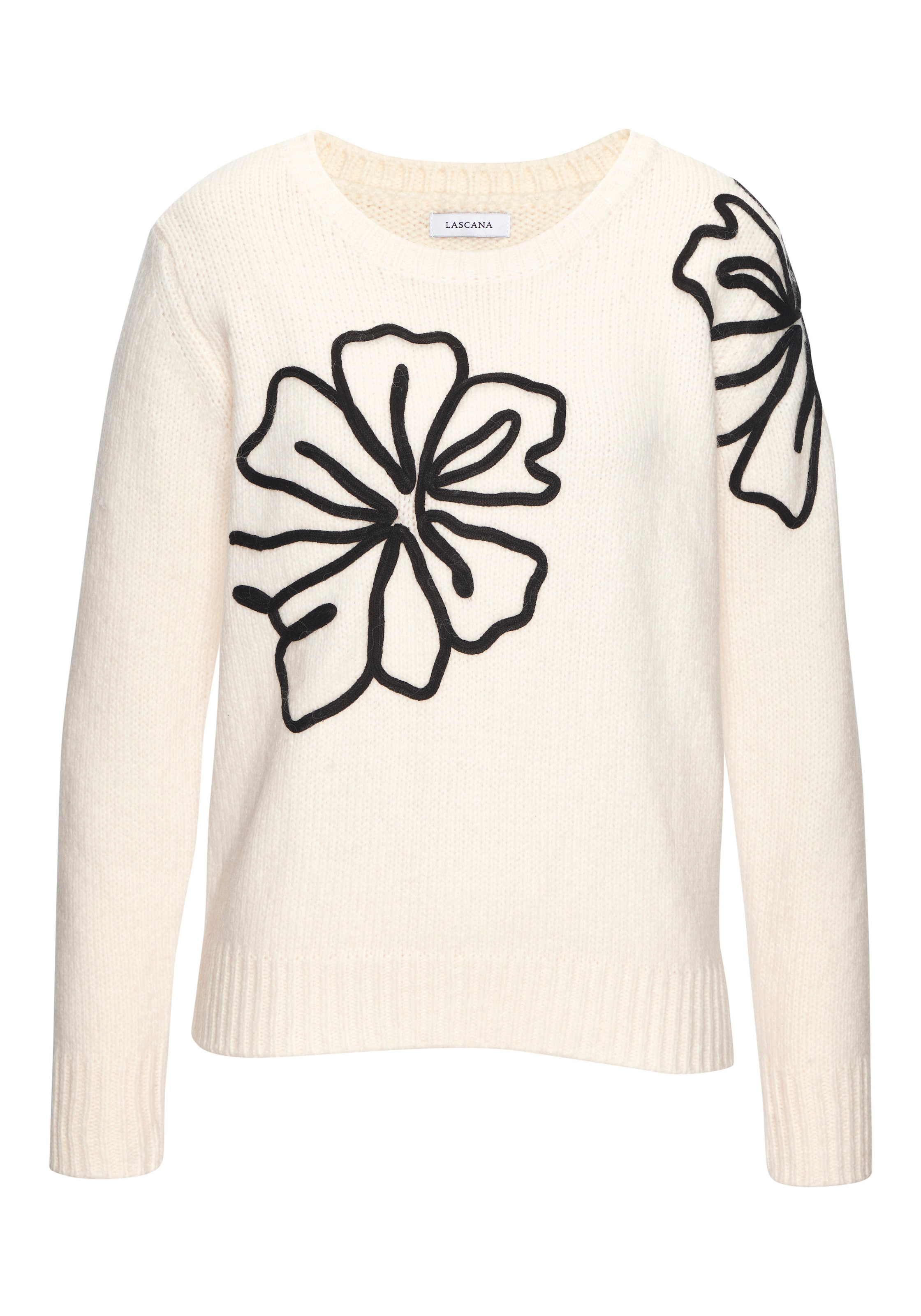 LASCANA Pull en tricot mit Blumen-Applikation, Winterpullover, modisch