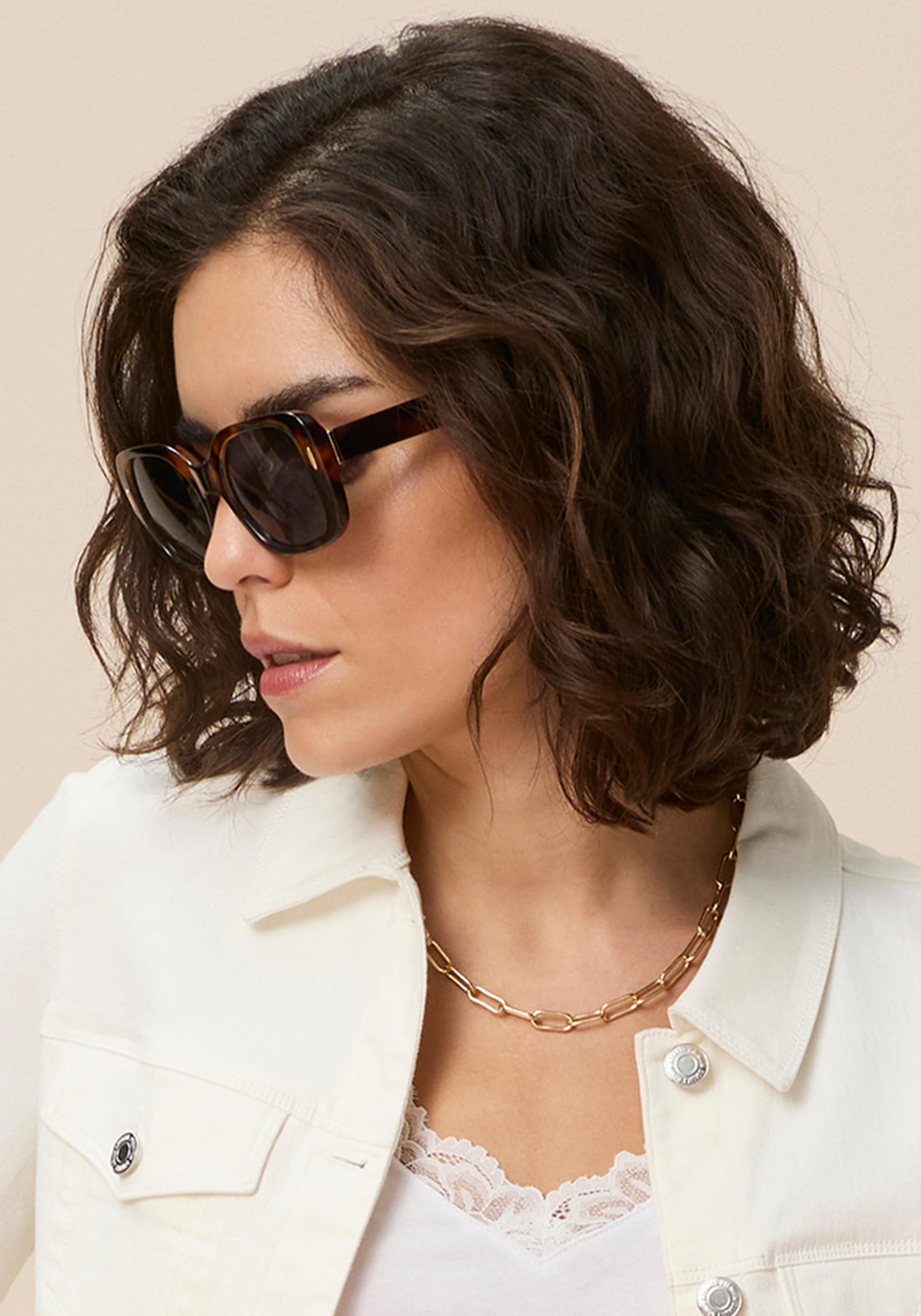 Laura Scott Sonnenbrille »mit goldfarbenen Metalldetail am Bügelansatz« braun gemusterter Vollrandrahmen, graue Gläser mit hohem Blendschutz