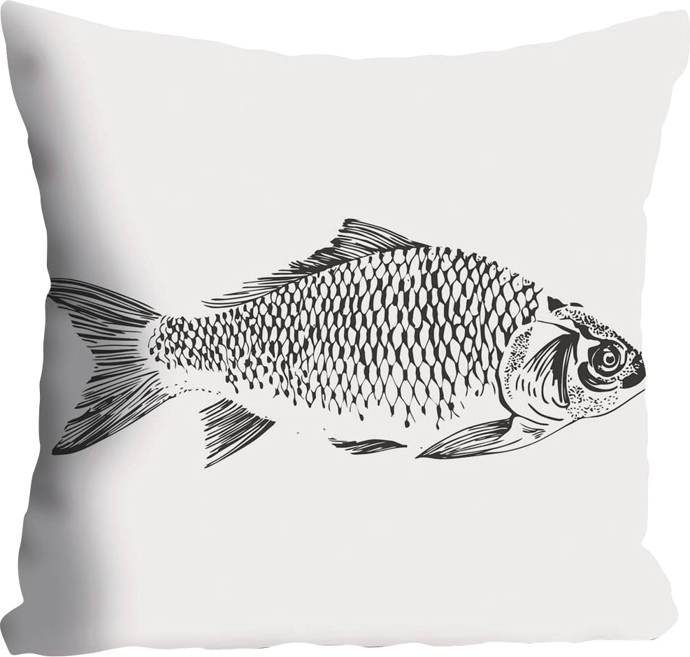 queence Coussin décoratif »Dennis« Kissenhülle,Fisch,Weisser Hintergrund,Meer,Maritim,Schlicht,Natur