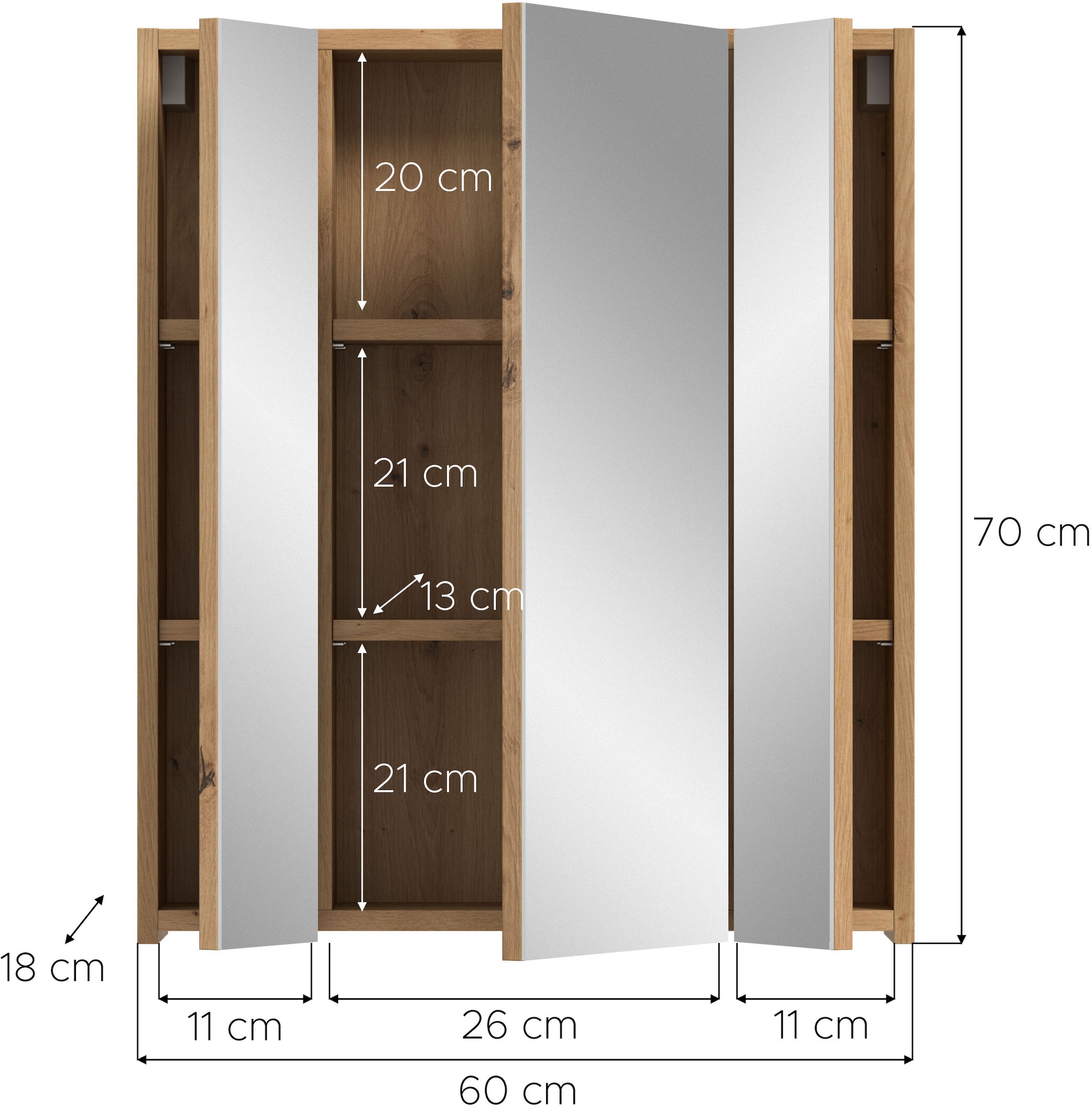 INOSIGN Armoire de toilette »Malmö, Breite 60 cm, 3 Spiegeltüren, 9 Fächer, 6 Einlegeböden« 1 cuis tlg. Florenz, Spiegelschrank 3-Türig, Artisan Oak NB, 9 Fächer