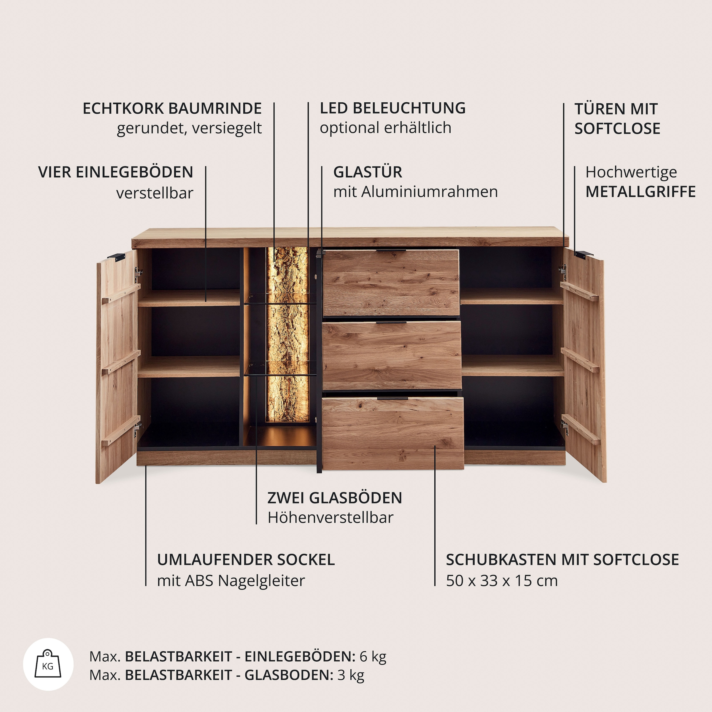 Wohnconcept Buffet »Donna Sideborad, 180x93x48 (BxHxT)« 1 cuis tlg. Beleuchtung optional bestellbar, 3 türig, 3 Schubkasten, Softclose