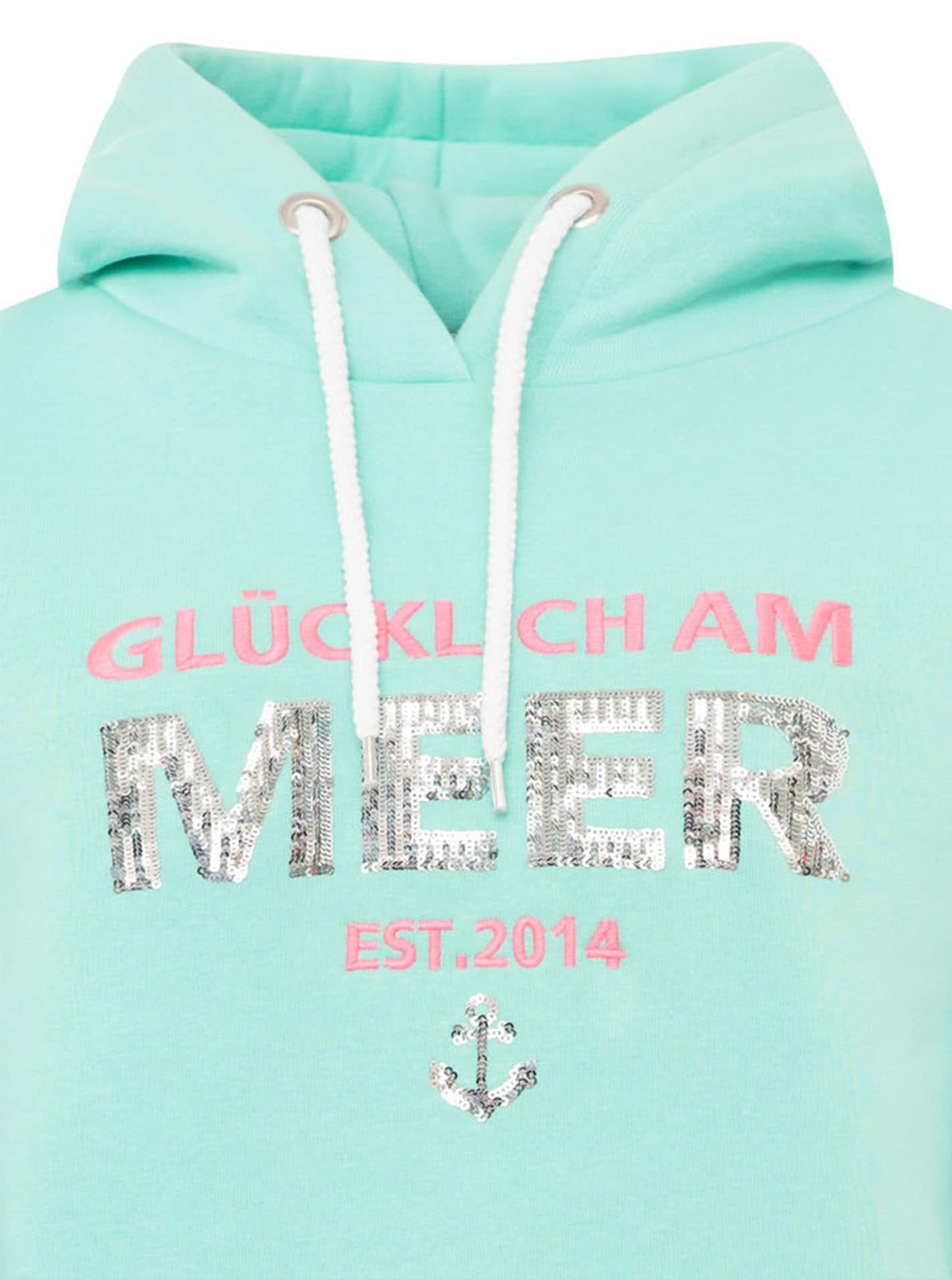Zwillingsherz Hoodie »"Glücklich am Meer"«, mit Pailletten, Kapuze und kontrastfarbigen Bündchen
