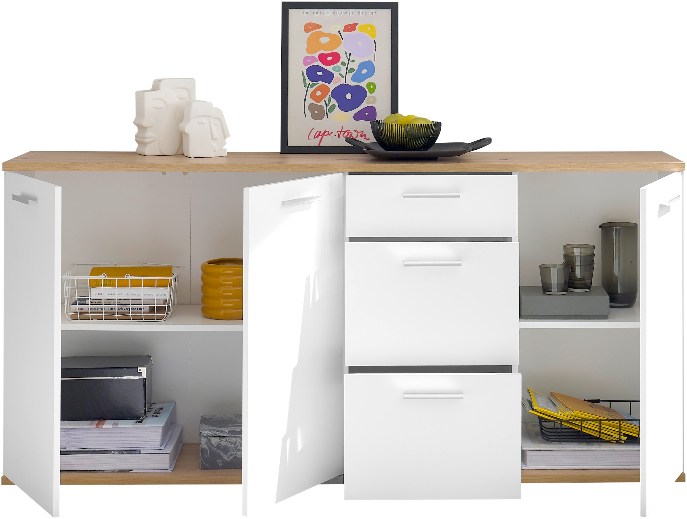 HBZ Kommode »BC1035 weiss matt, BxHxT 180x86x38 cm« Sideboard mit 3 Türen, 3 Schubkästen, 2 Einlegeböden