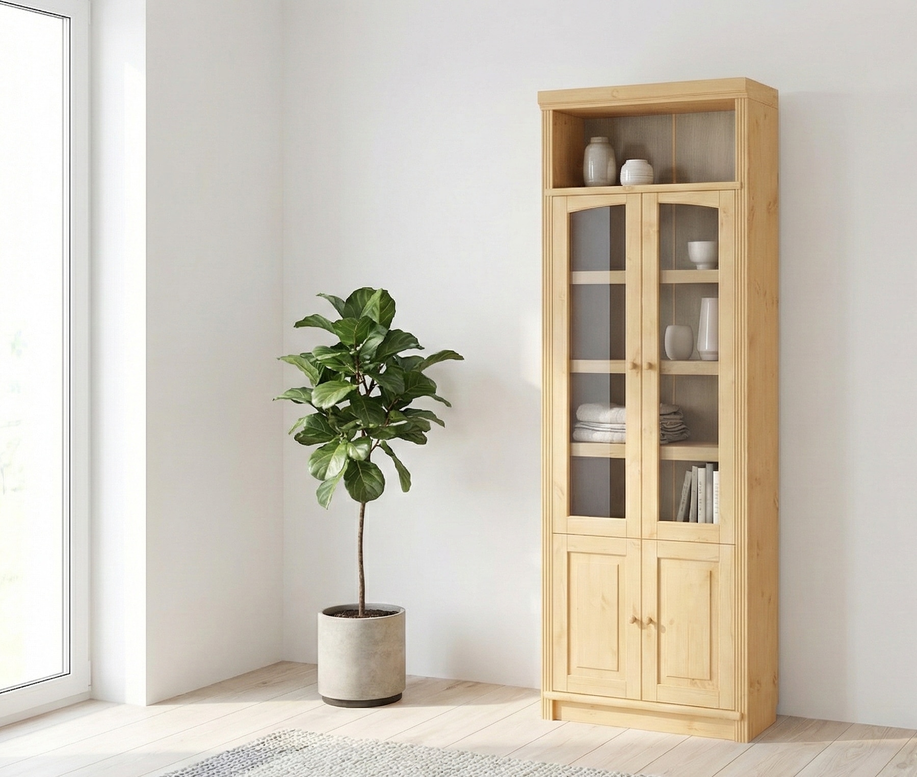 GOODproduct Vitrine »Soeren Regal mit 2 Glastüren und 2 Holztüren, B/TH: 80/29/220 cm« Kiefer FSC®-zertifiziert, 1 offenes Fach, 6 Fächer hinter den Türen