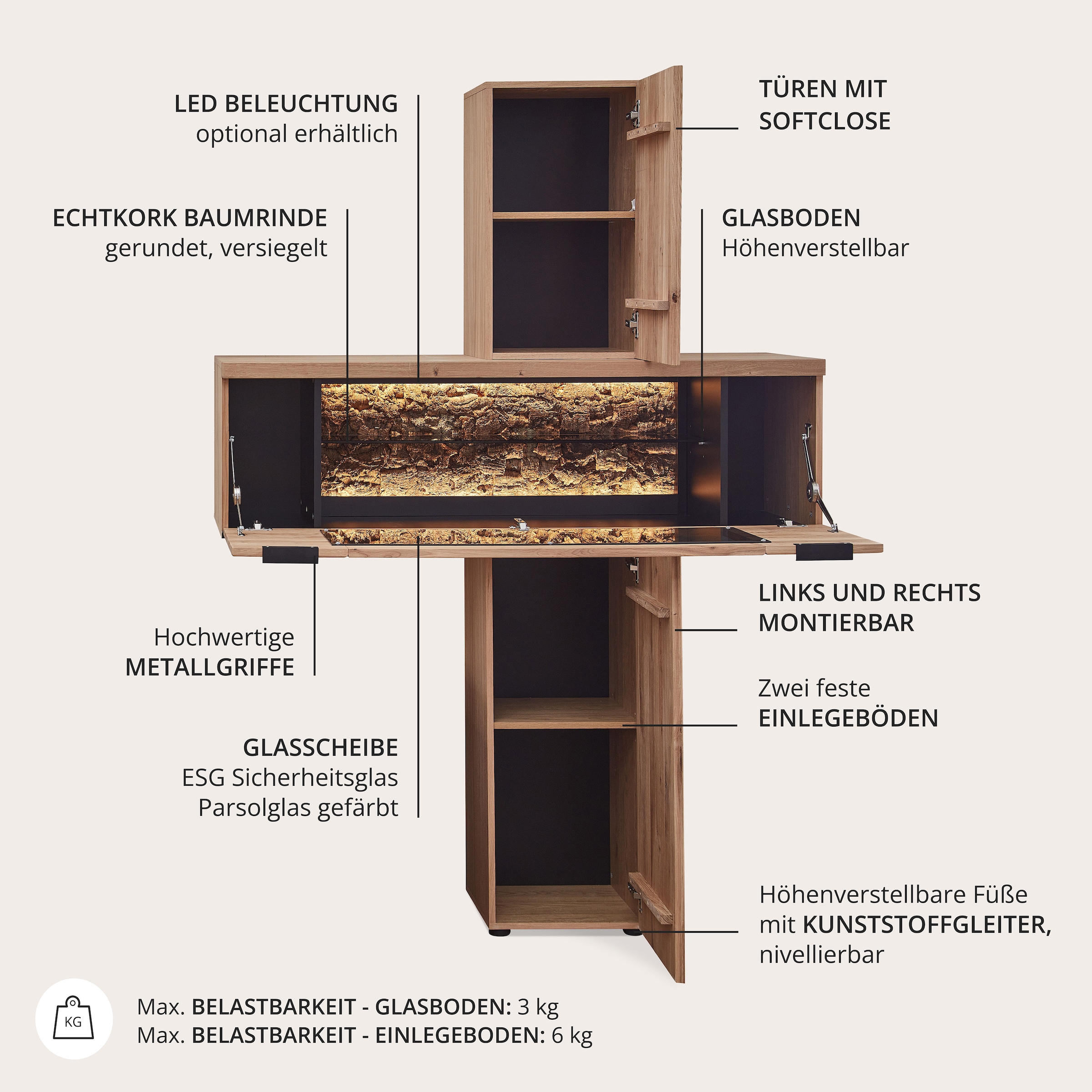 Wohnconcept Vitrine de rangement »Donna Stauraum-Säule, 140x203x42 (BxHxT)« 1 cuis tlg. Beleuchtung bestellbar, 2 türig, Echtkork Absetzung, L/R verwendbar