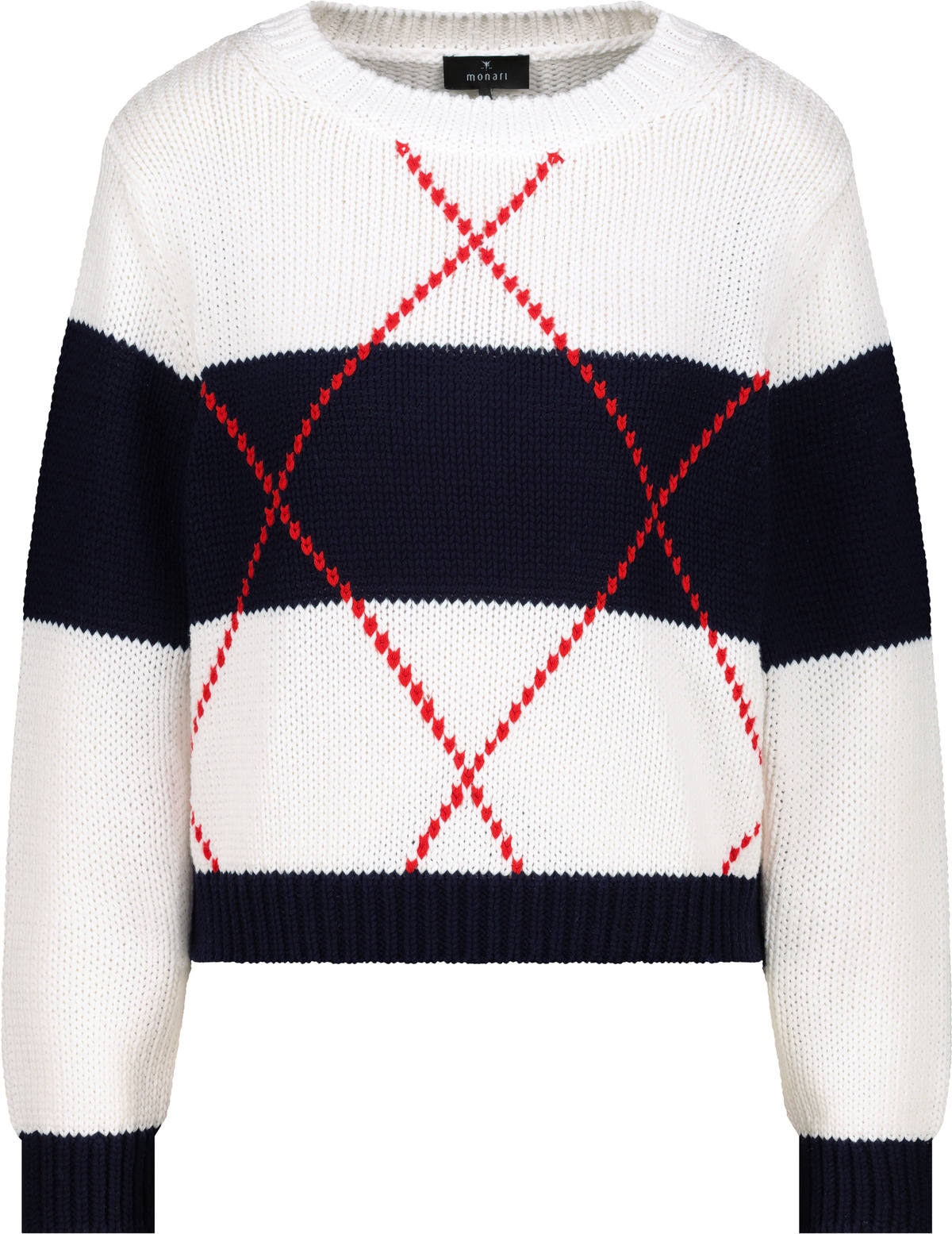 Monari Pull en tricot Rundhalsausschnitt, Regular Fit, Bändchengarn mit Intarsie-Muster