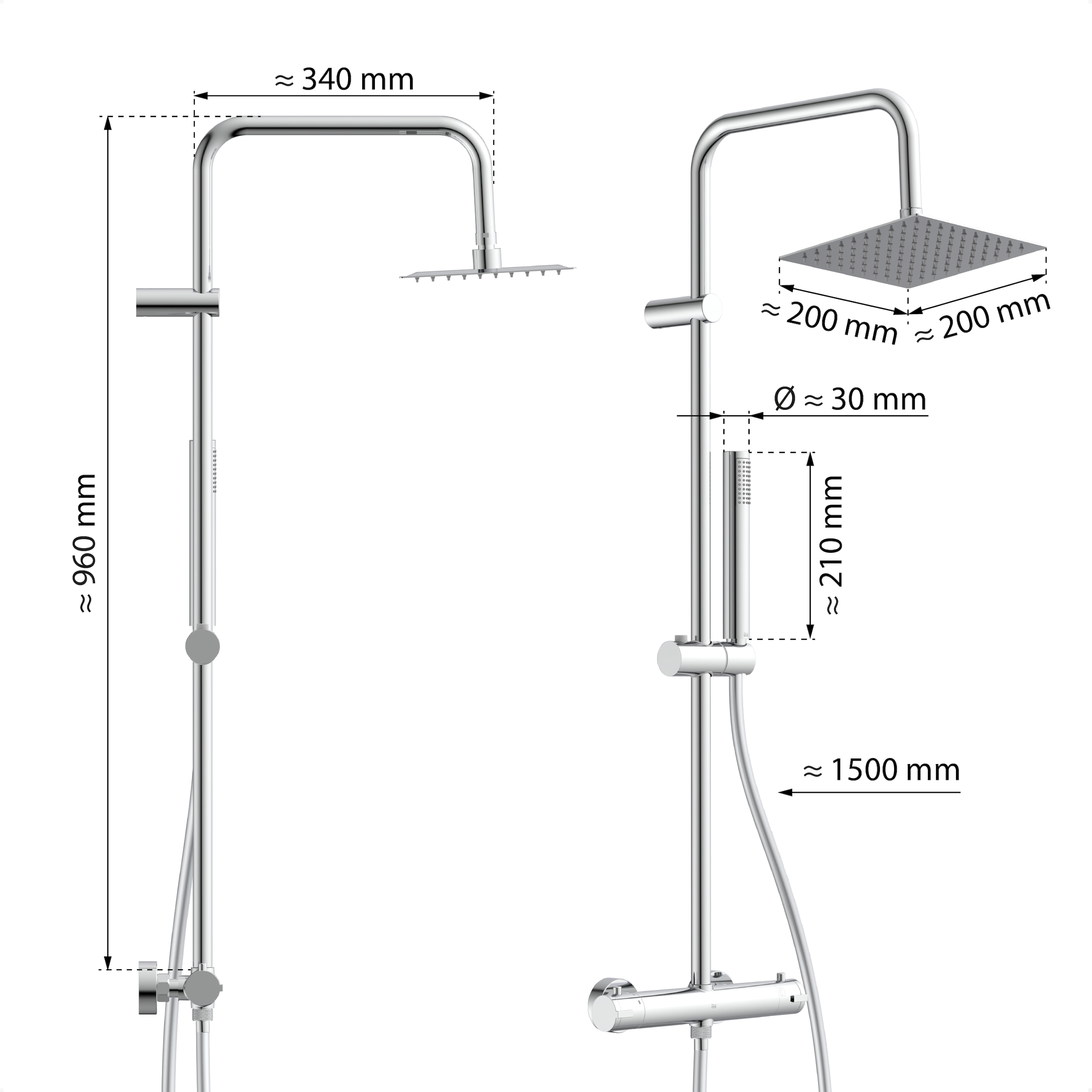 Eisl Brausegarnitur »SHOWERSTAR« Komplett-Set,  Regendusche 20x20cm, Umsteller, Antikalk, höhenverstellbar, Thermostat