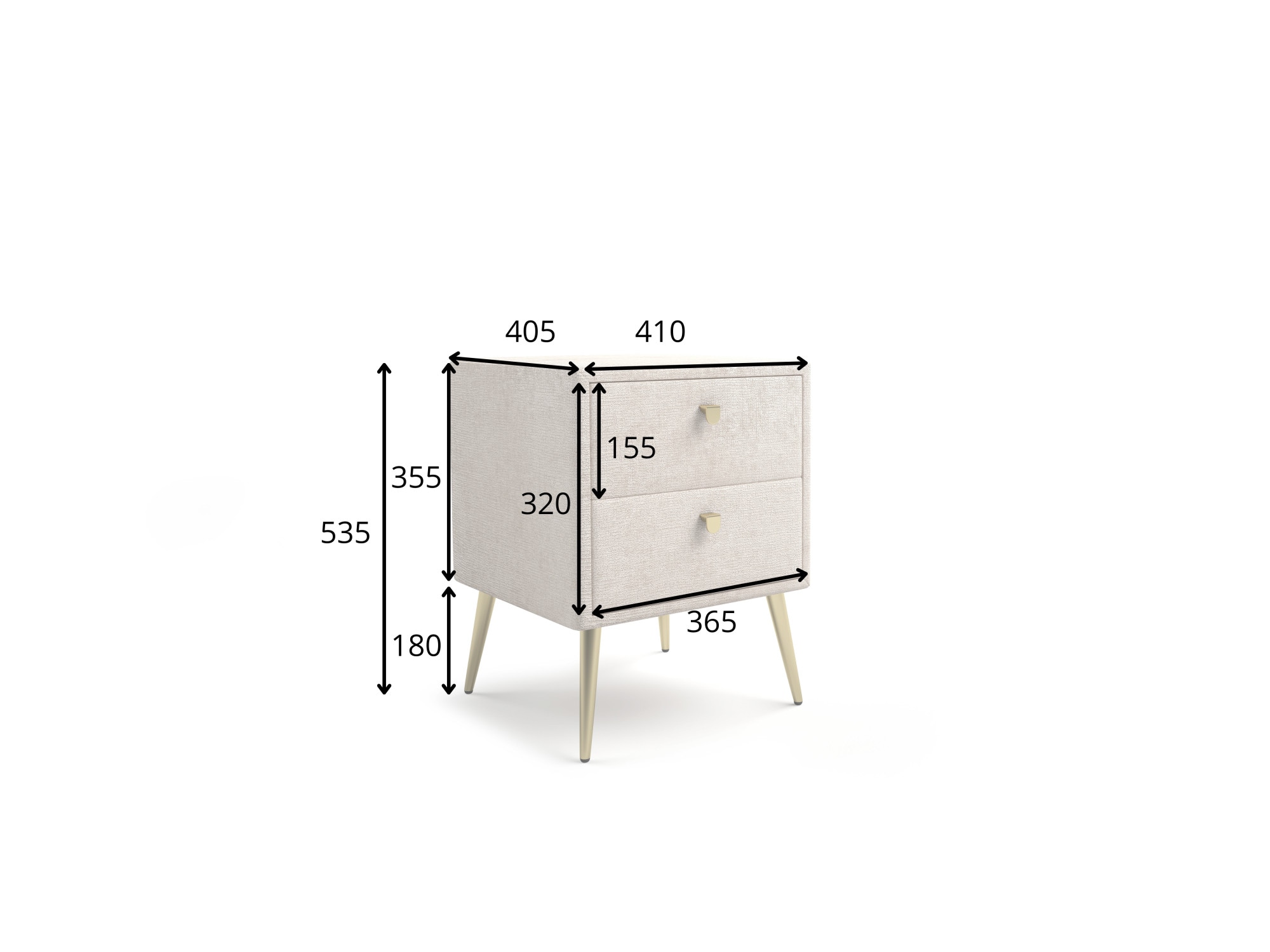 Home affaire Table de nuit »MOIVRE Polster-Nachtkommode wahlweise mit 2 Schubladen oder Fächer« Nako auf goldenen Beinen, Masse B/T/H: 41/40,5/53,5cm, passend zum Bett