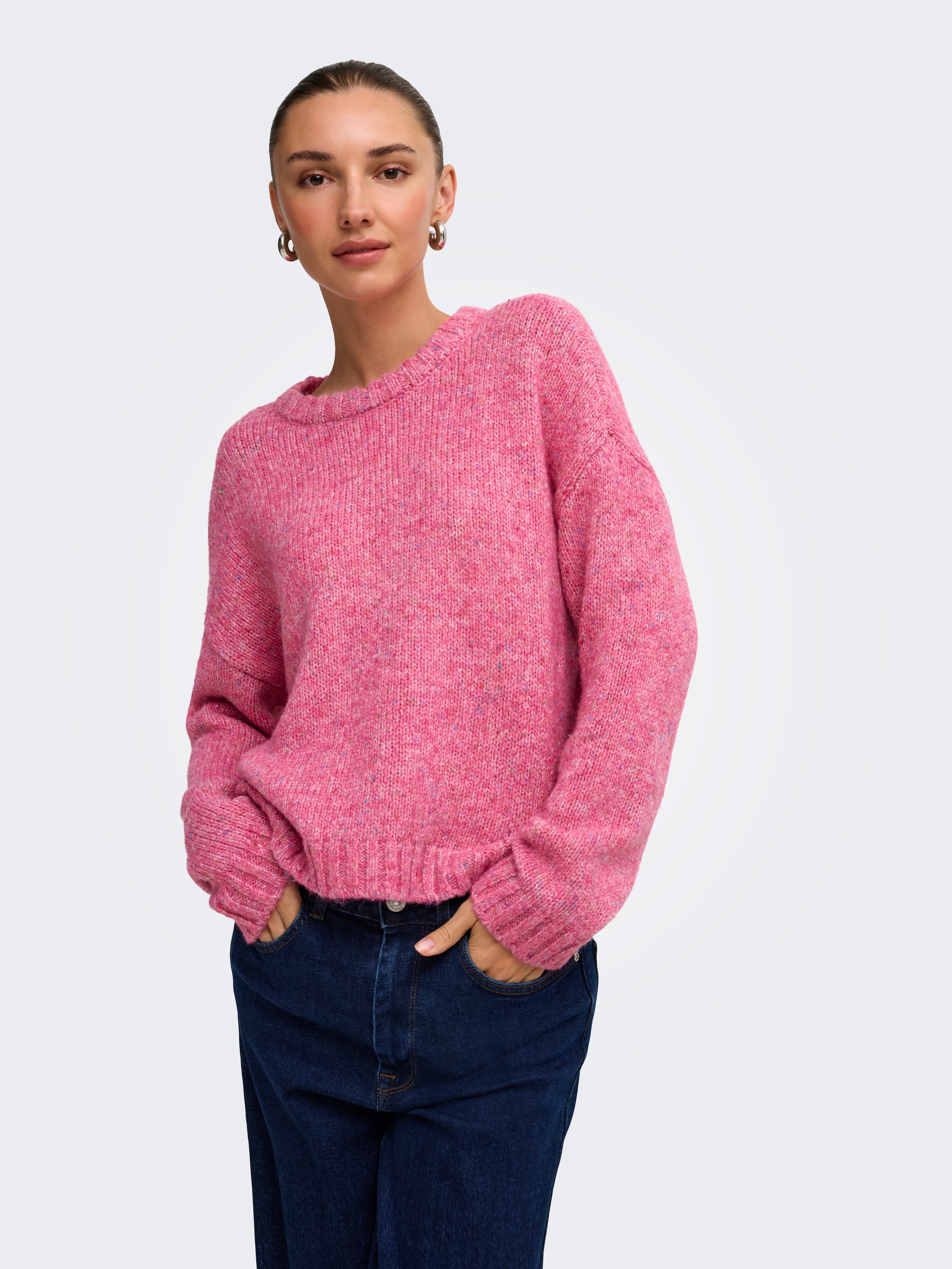 ONLY Strickpullover »ONLSMILLA LS LOOSE O-NECK CS KNT« Materialmix, verkürzte Form