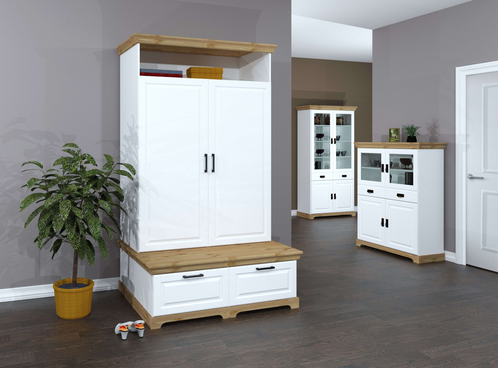 GOODproduct Armoires à vêtements »Rügen Garderobenschrank, Drehtürenschrank, Schrank« FSC® zertifizierte massive Kiefer, Breite 127 cm, integrierte Bank