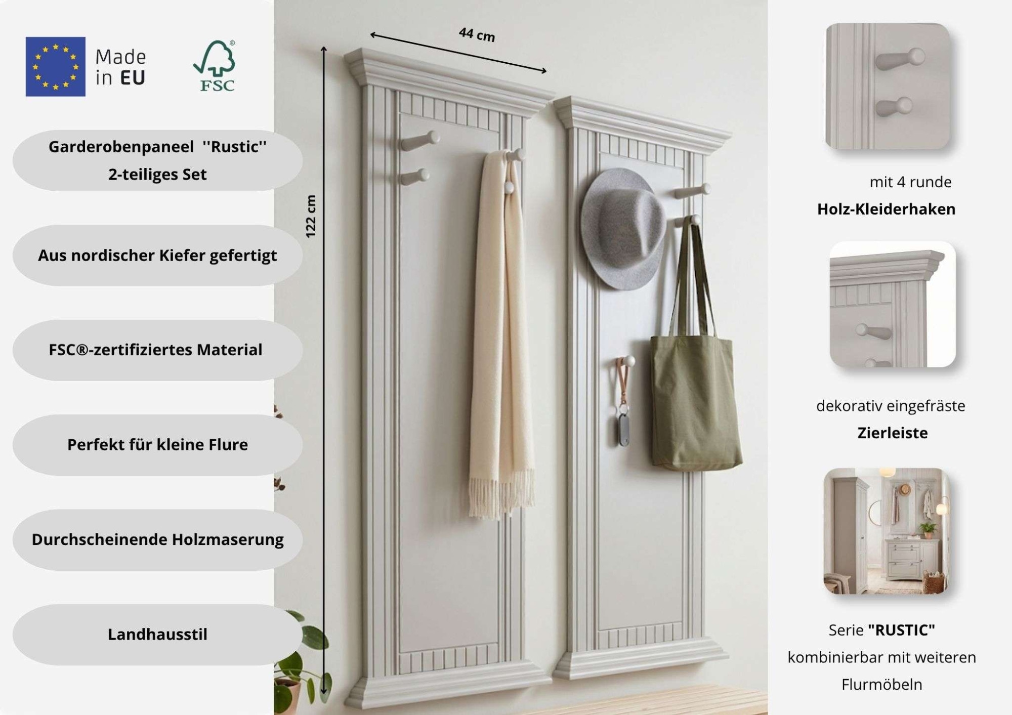 GOODproduct Panneau de vestiaire »Rustic, Set aus 2 Paneelen, Landhausstil« 2 cuis tlg. en pin massif, avec rainures décoratives