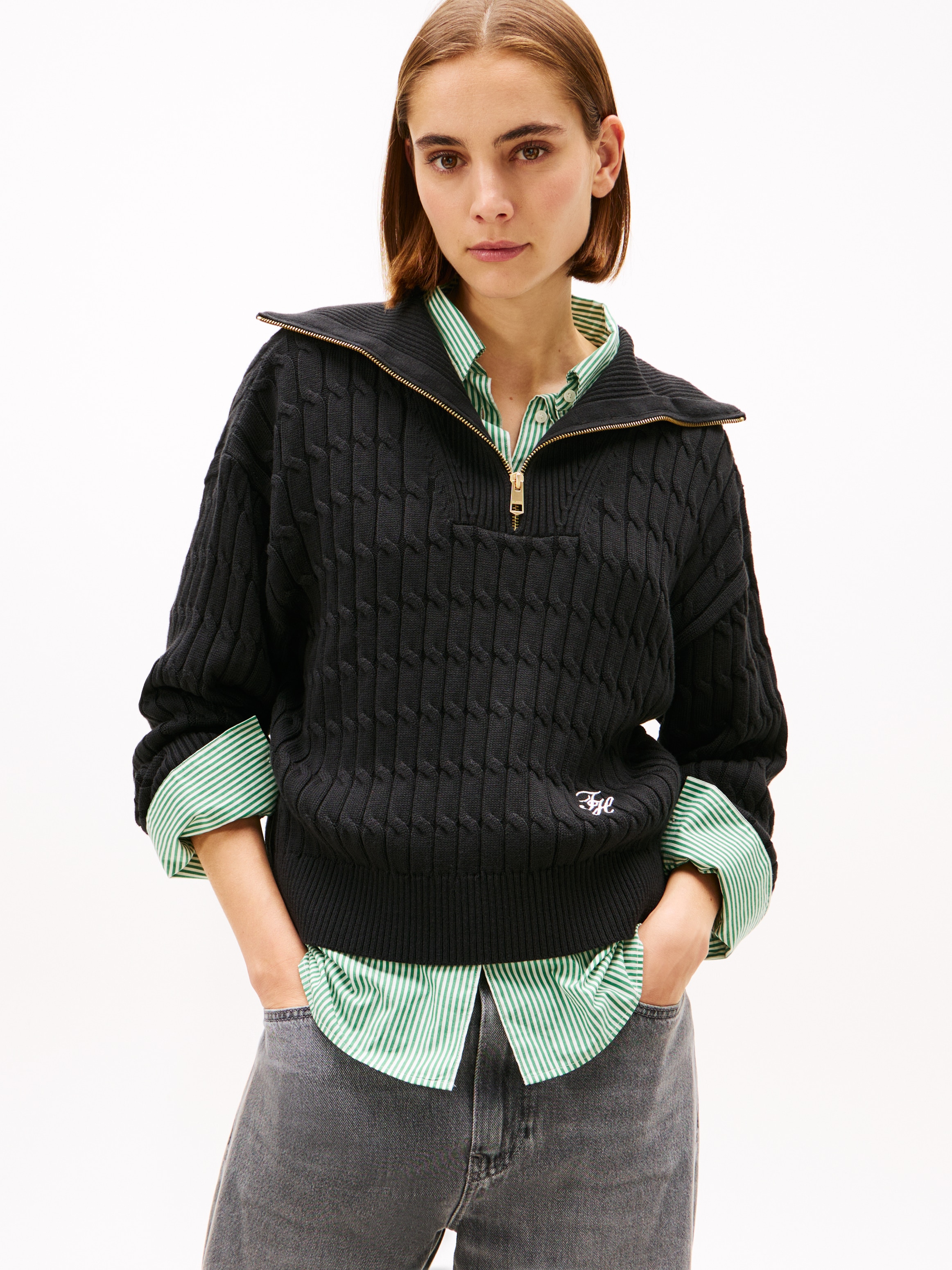 Tommy Hilfiger Troyer »CO CABLE MID GG 1/2 ZIP LS SWT« mit Zopfmuster