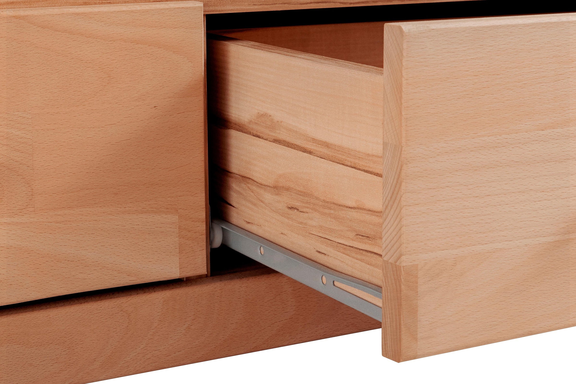 GOODproduct Table basse »Ribe,180cm breit, Fronten Massivholz,6 Fächer,Kabeldurchführung« Korpus Holzwerkstoff,Glaseinsatz aus gehärtetem Glas,Böden versetzbar