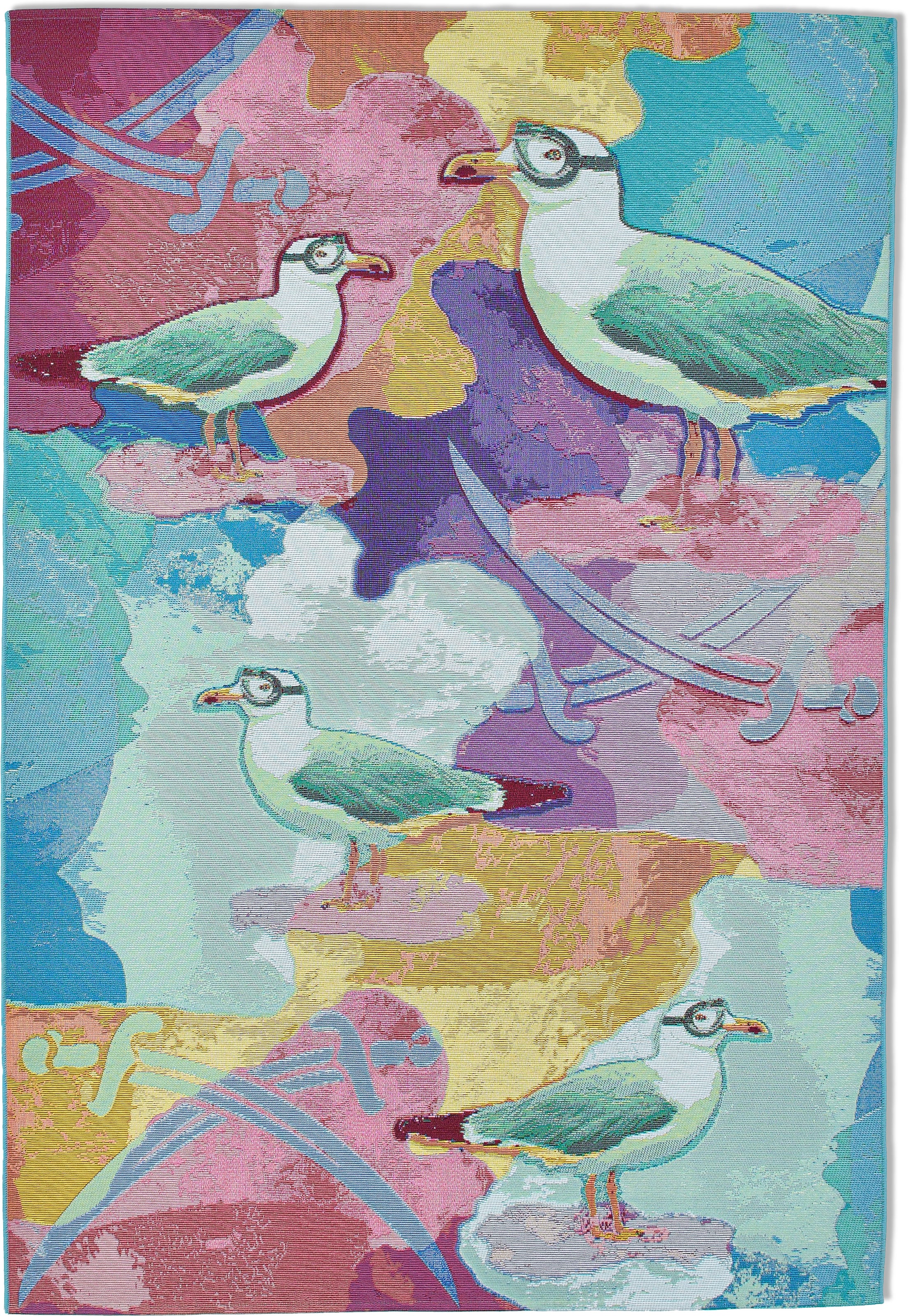 Sansibar Tapis »Rantum Beach SA-022« Rectangulaire 5 mm Höhe tissu plat, design moderne, motif mouettes, adapté intérieur et extérieur