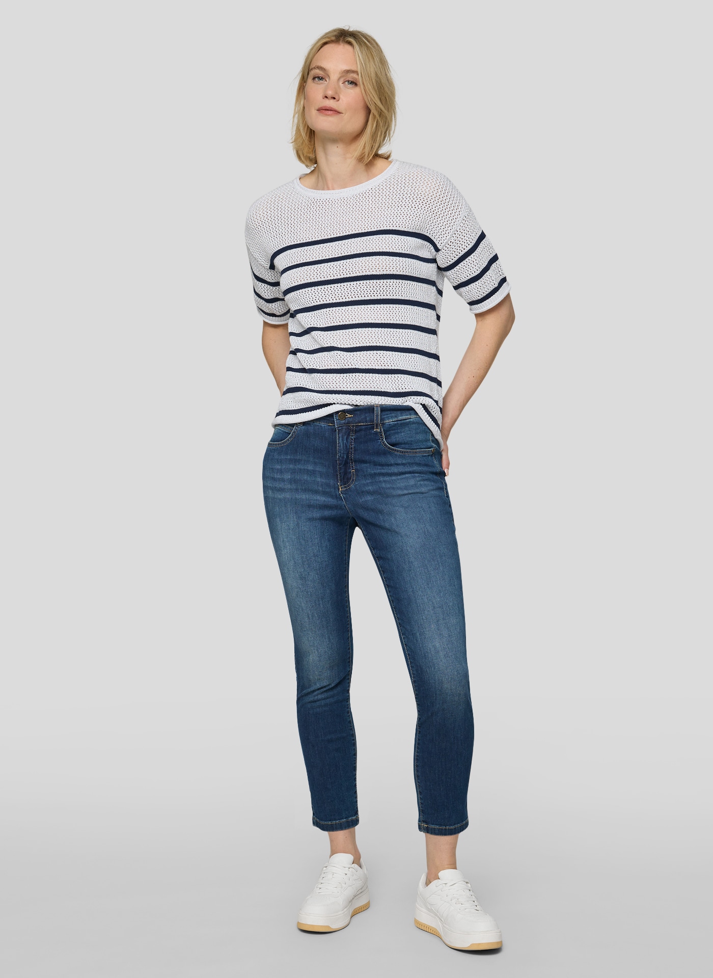 Rabe Pull en tricot Halbarm-Strickpullover mit Streifen und im Häkel-Look