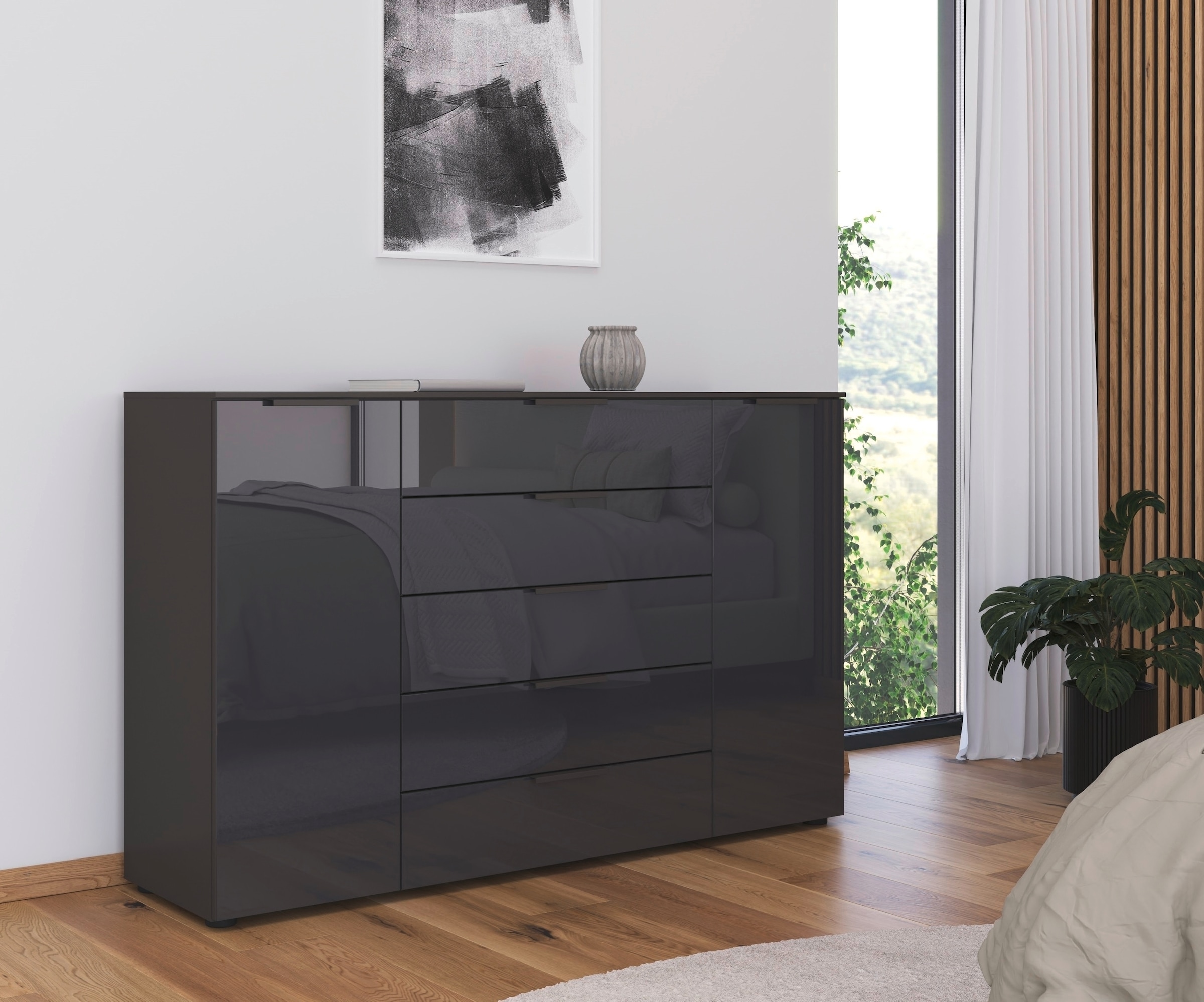 rauch Schubkastenkommode »Kommode Türkommode Sideboard Kombikommode FLIPP mit Glasfront« Breite 160/180 cm mit 4 Einlegeböden,  2-trg mit 5 Schubladen und Soft-Close, 2 Breiten MADE IN GERMANY