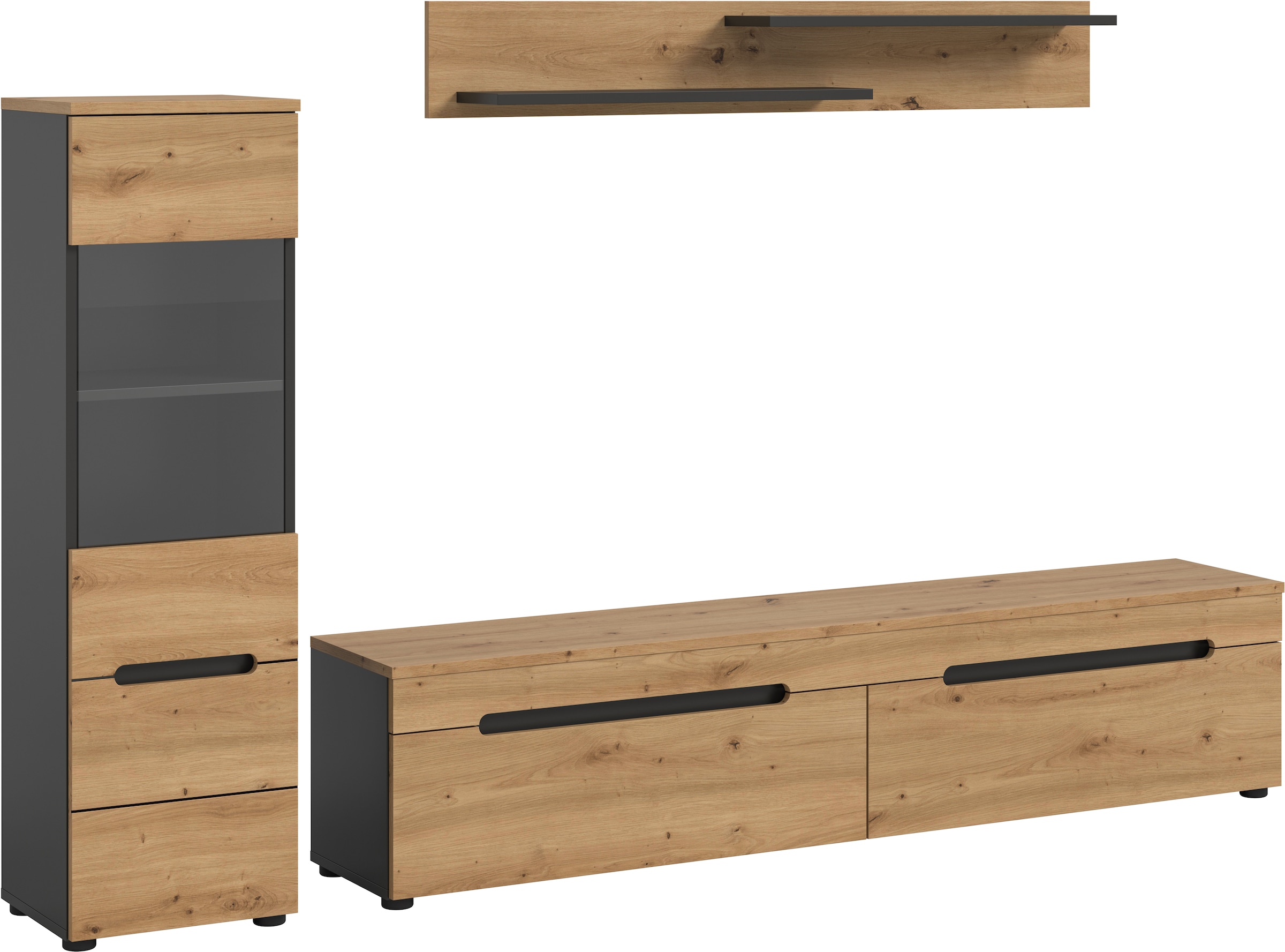 Home affaire Meuble mural »REHAT, TOPSELLER!, 3-teilig, wahlweise stehend und hängend montierbar« Set bestehend aus: Vitrine, Lowboard und Wandboard, 2 cuis tlg.