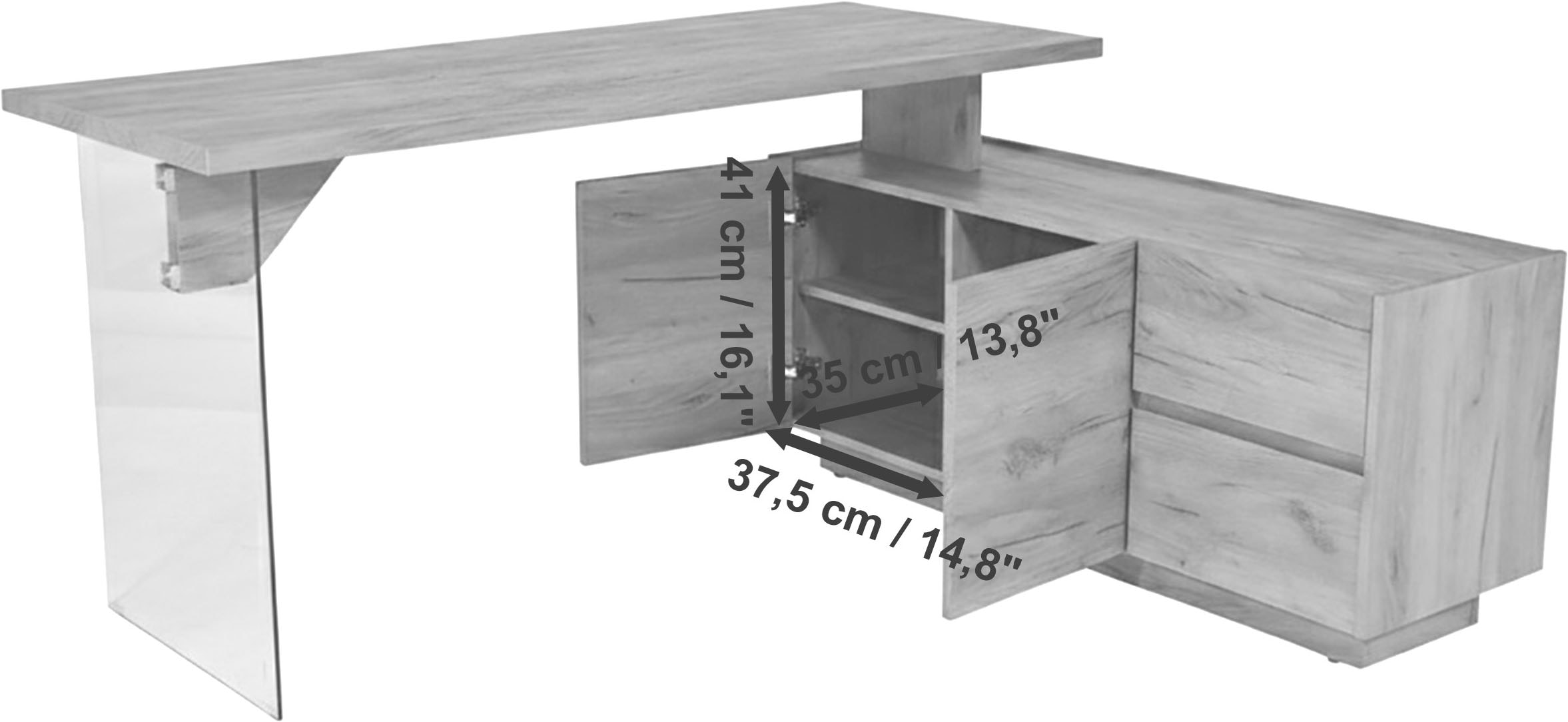 Jahnke Bureau d'angle »LUX C 160 E« bureau d'angle, montable des deux côtés, verre, 2 compartiments + 2 tiroirs