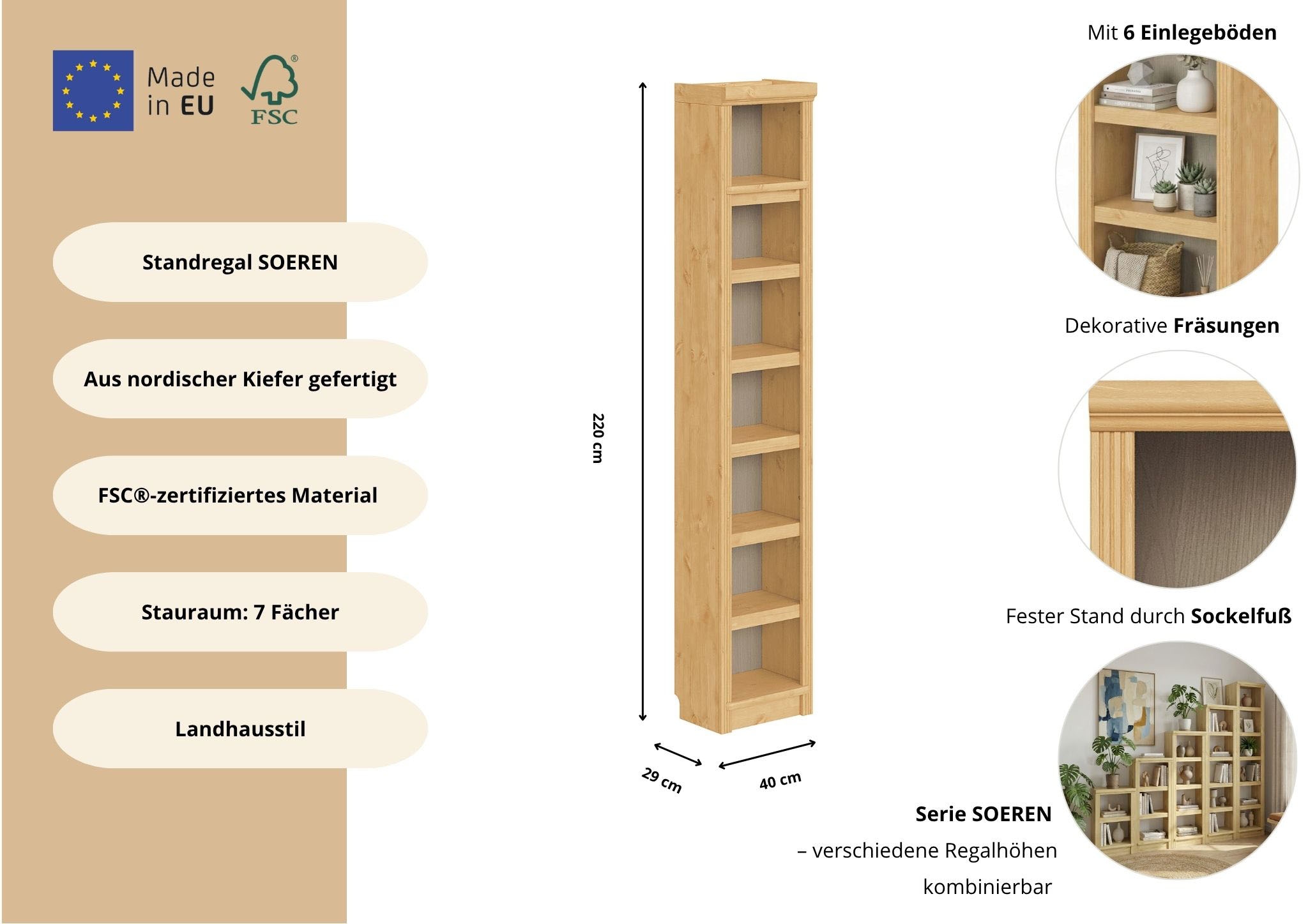 GOODproduct Bücherregal »Soeren Regal B/T/H: 40/29/220 cm« Kiefer FSC®-zertifiziert, 7 Fächer und 6 Einlegeböden
