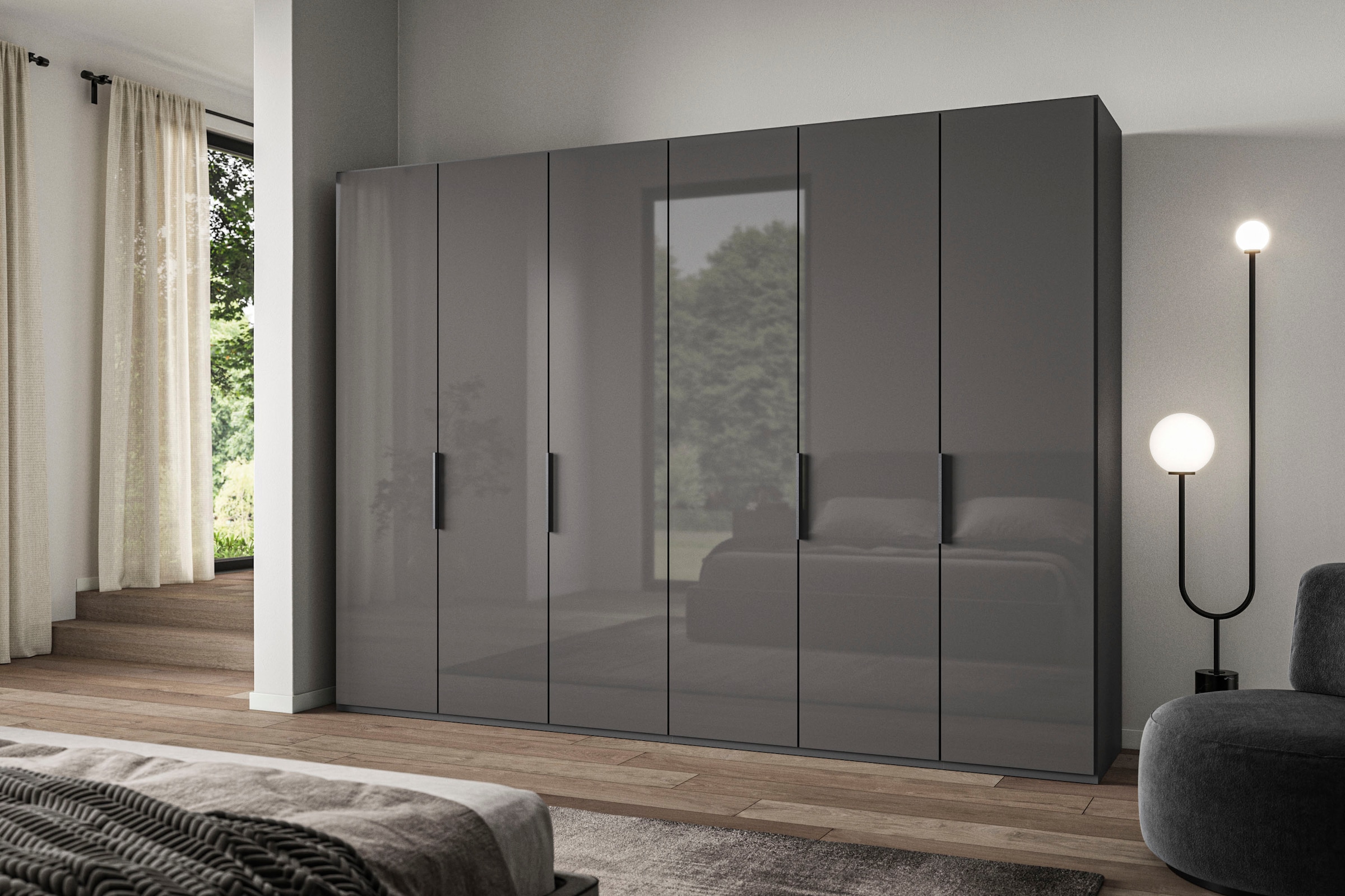 WIEMANN Falttürenschrank »Ohio, Kleiderschrank, Schrank, Garderobe, mit Glasfront, 300 cm« inklusive Einlegeböden & Kleiderstangen, 2 Höhen, MADE IN GERMANY,  inklusive Türdämpfung, hochwertige Glasfront