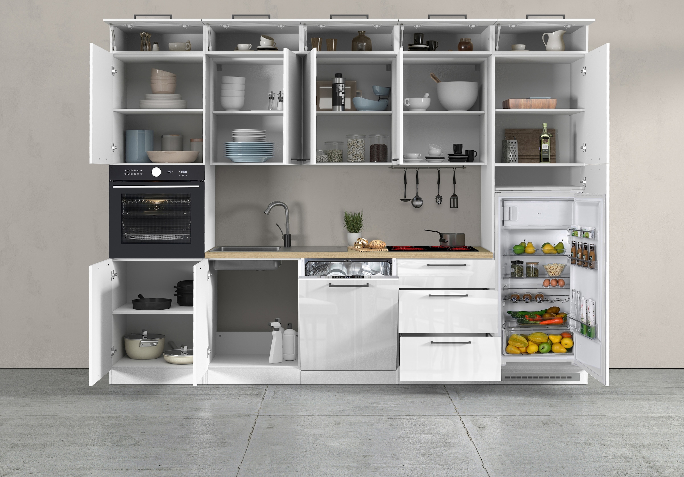 KOCHSTATION Kitchenette »Luna, Einbauküche, Zeilenküche, mit Soft-Close Funktion, Made in Italy« Breite 300 cm ohne E-Geräte, mit Spüle+Siphon und Aufsatz