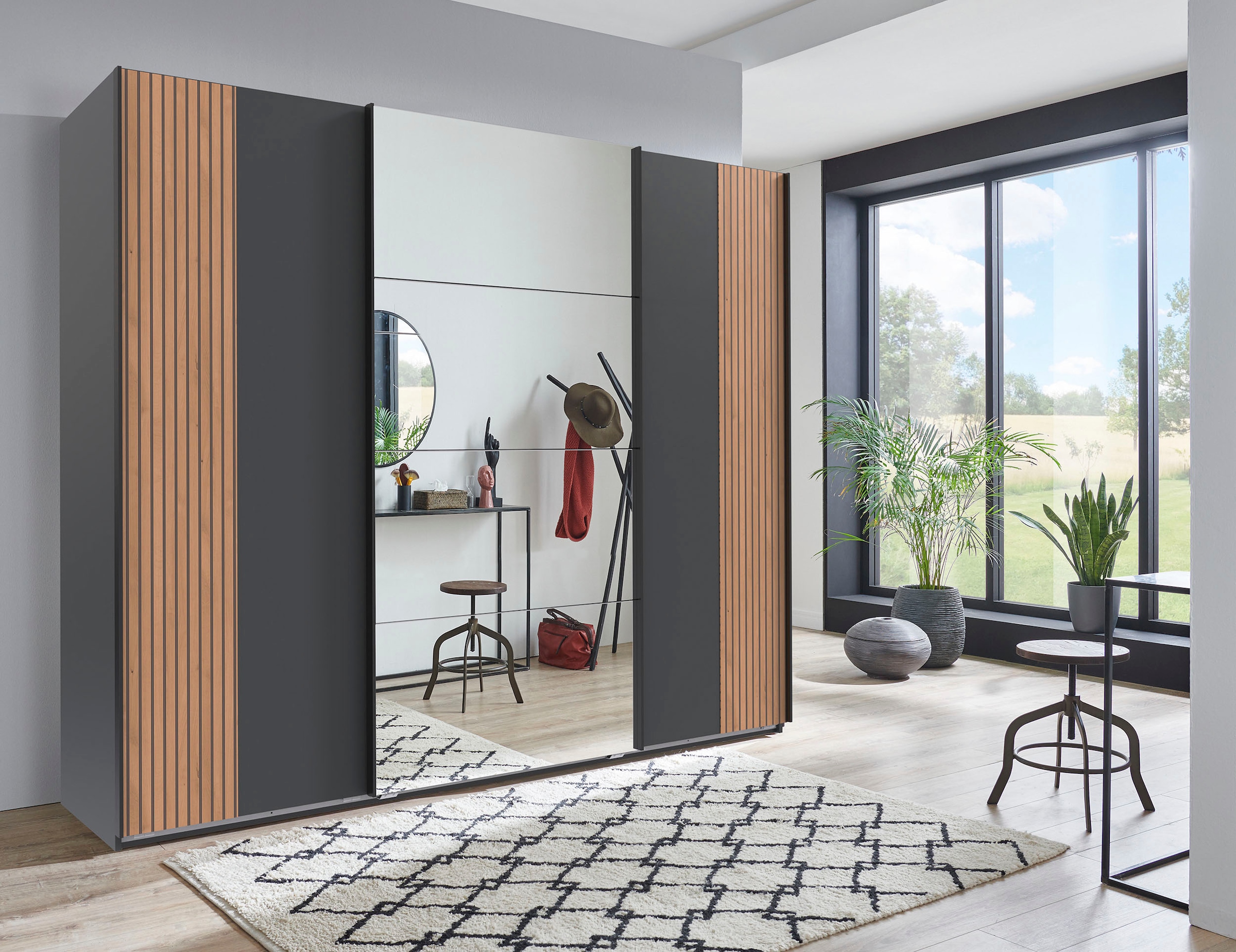 Wimex Armoire à portes coulissantes »Malaga« Kleiderschrank 3-türig mit Akustiklamellen-Optik und Spiegel