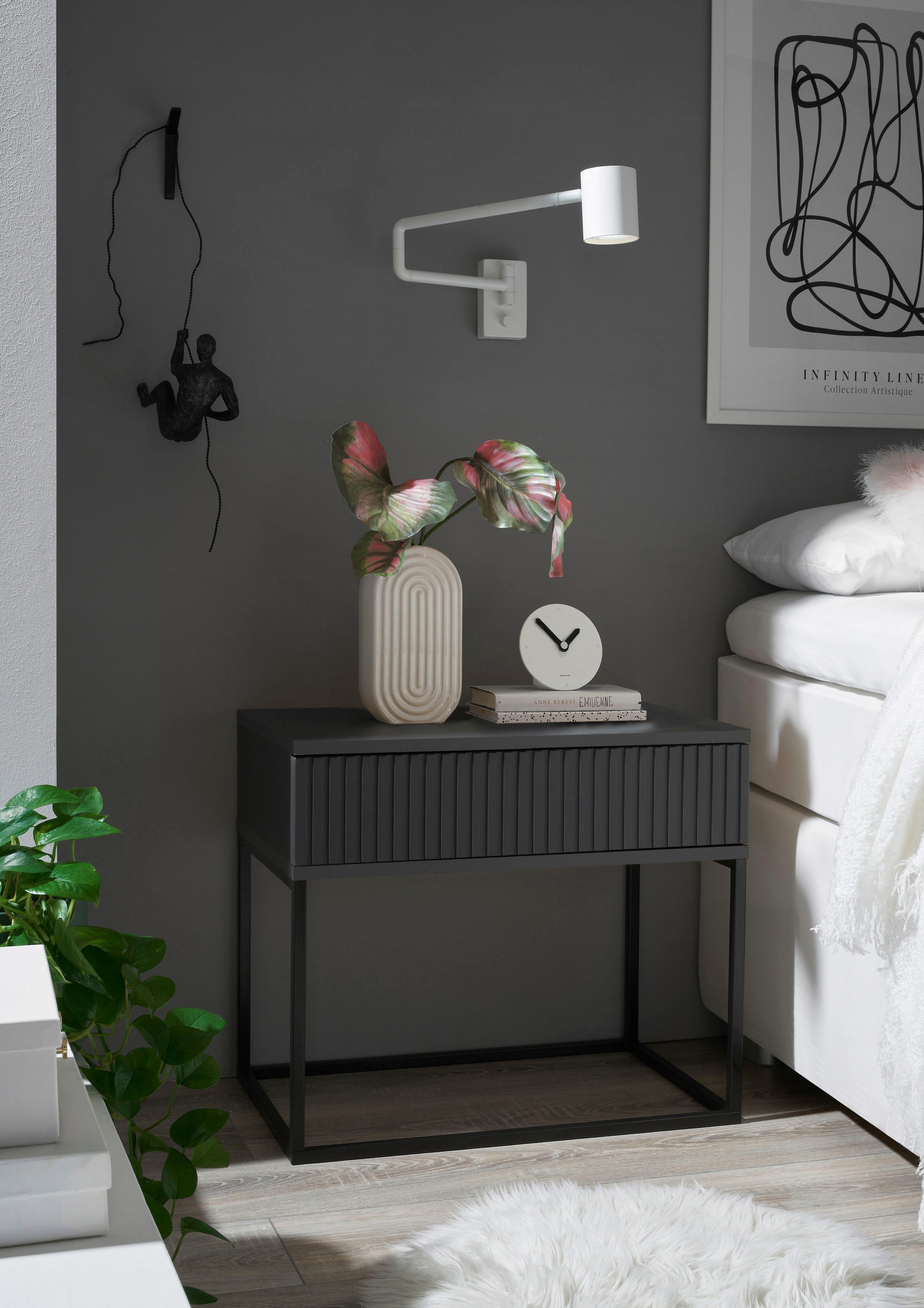 Schlafkontor Table de nuit »Marle Nachtkonsole, Nachtkästchen auf Metall-Fussgestell« Schubkasten in Rillenoptik auf schwarzem Metallgestell