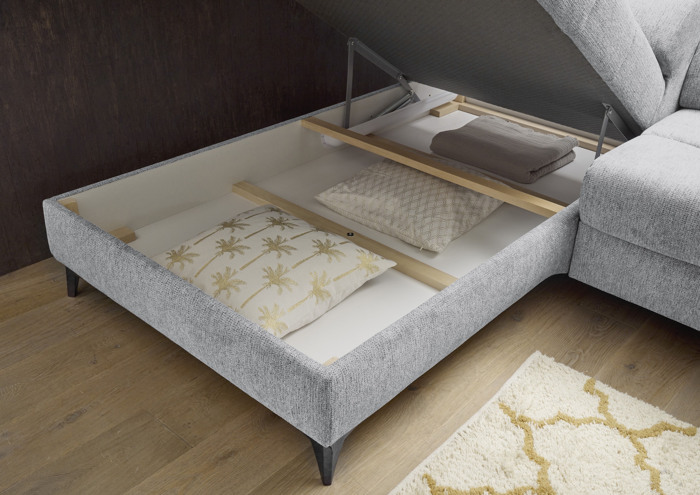 ED EXCITING DESIGN Canapé d'angle »Sydney L-Form« mit Bettfunktion, Bettkasten, Kopfteilverstellung & 2 Zierkissen