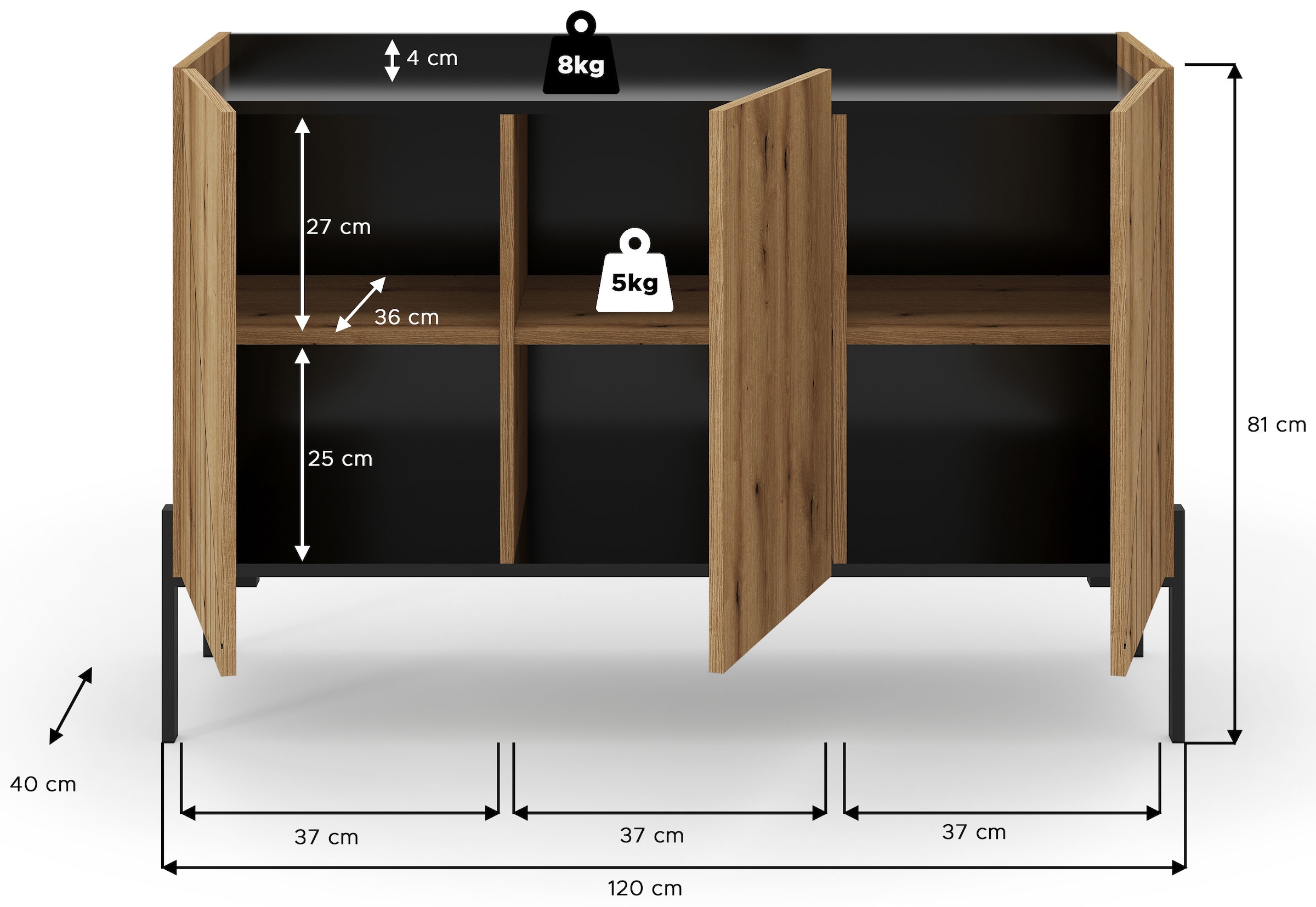 Home affaire Sideboard »SNETT, Breite: 122cm, mit Metall-Stabfüssen, 3 Türen, 3 Einlegeböden« Anrichte, Kommode, Schrank, Board, Higboard