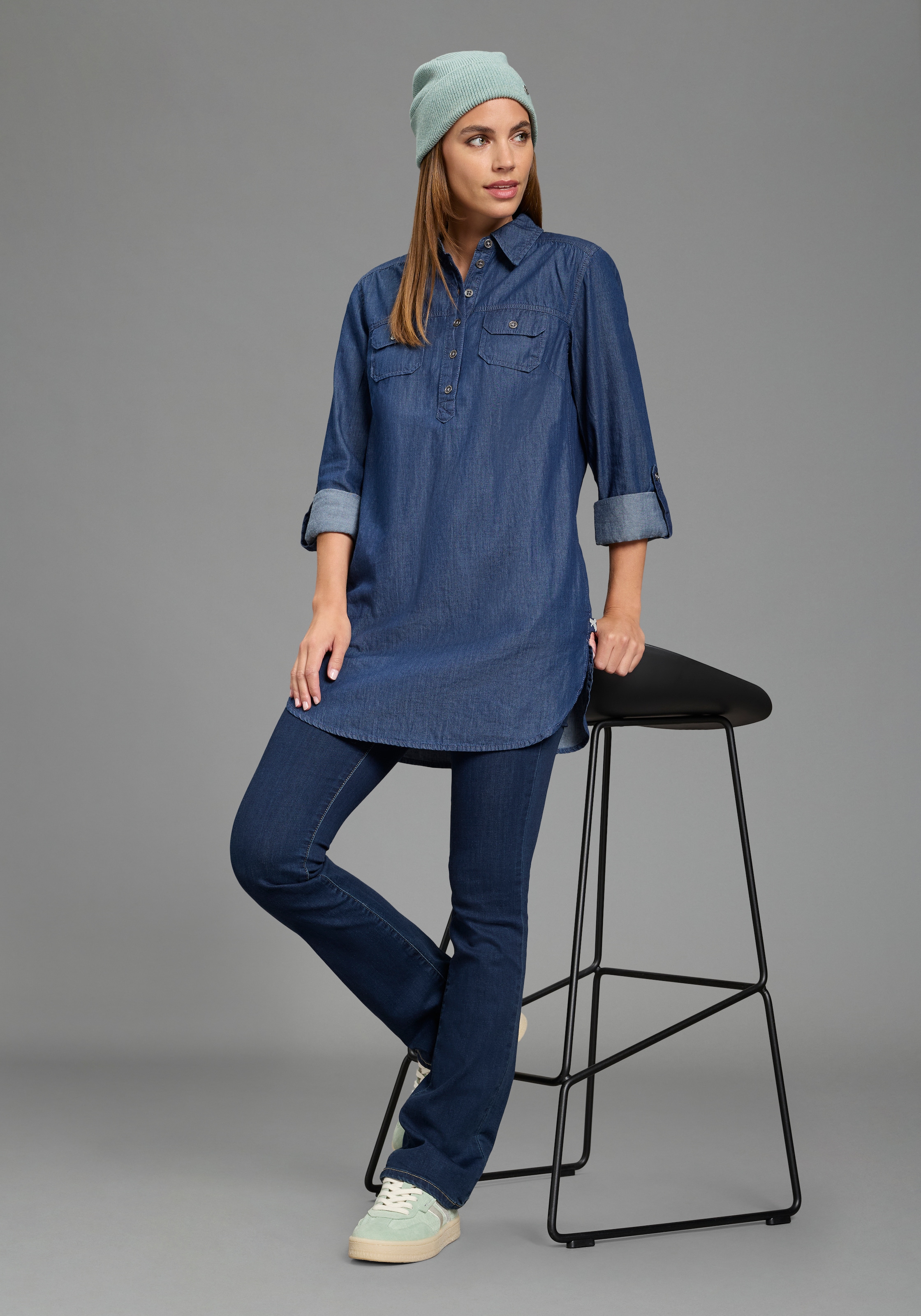 Arizona Blouse en jean »Krempelärmel mit Riegel« style tunique