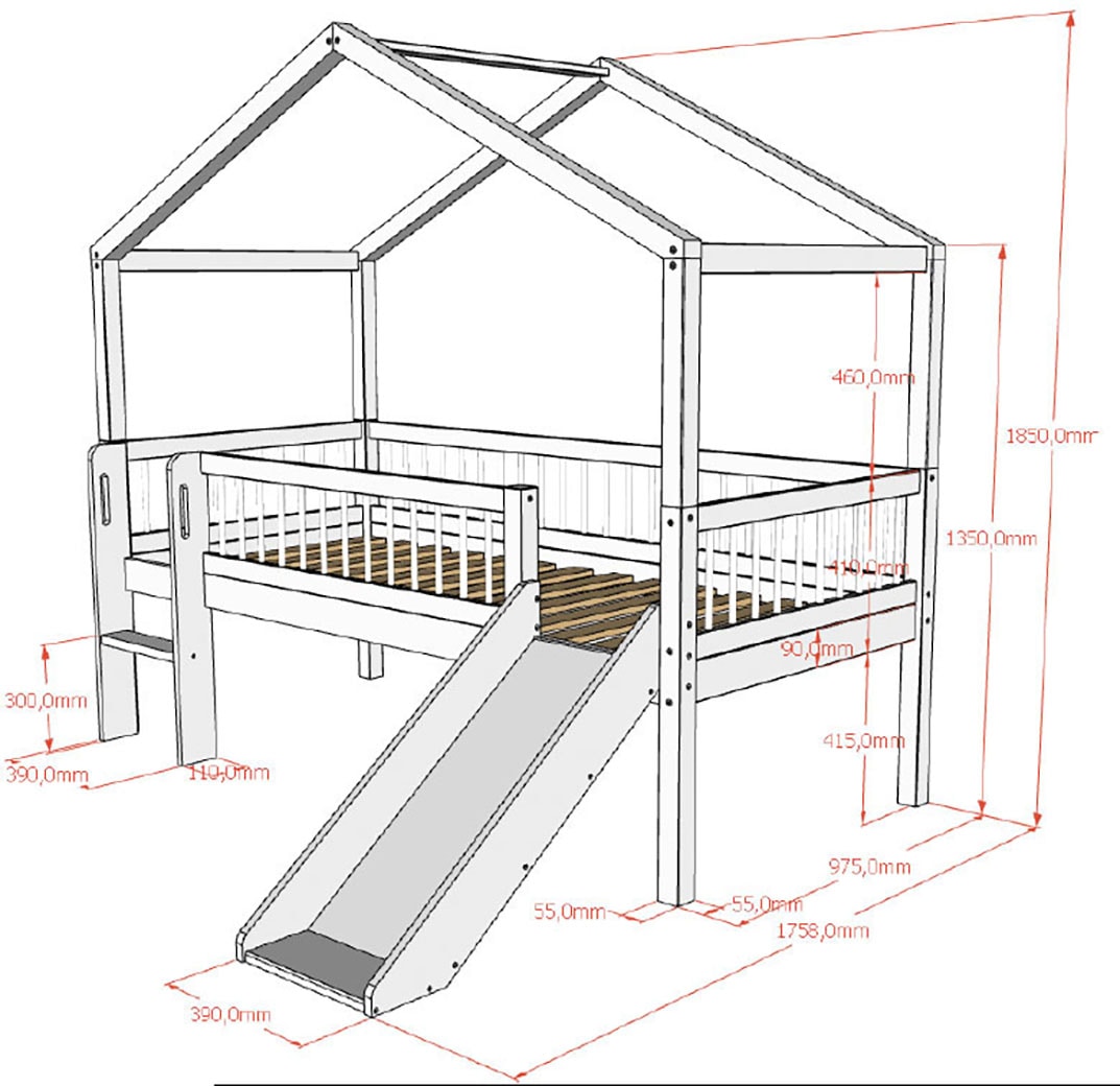 Vipack Hausbett »Forrest ist ein hochwertiges Massivholz Haus Bett "Made in Europe"« inkl. Rolllattenrost, Dachaufbau, Absturzschutz, Leiter und Rutsche,  wahlweise aus massiver Eiche geölt oder Buche massiv weiss lackiert