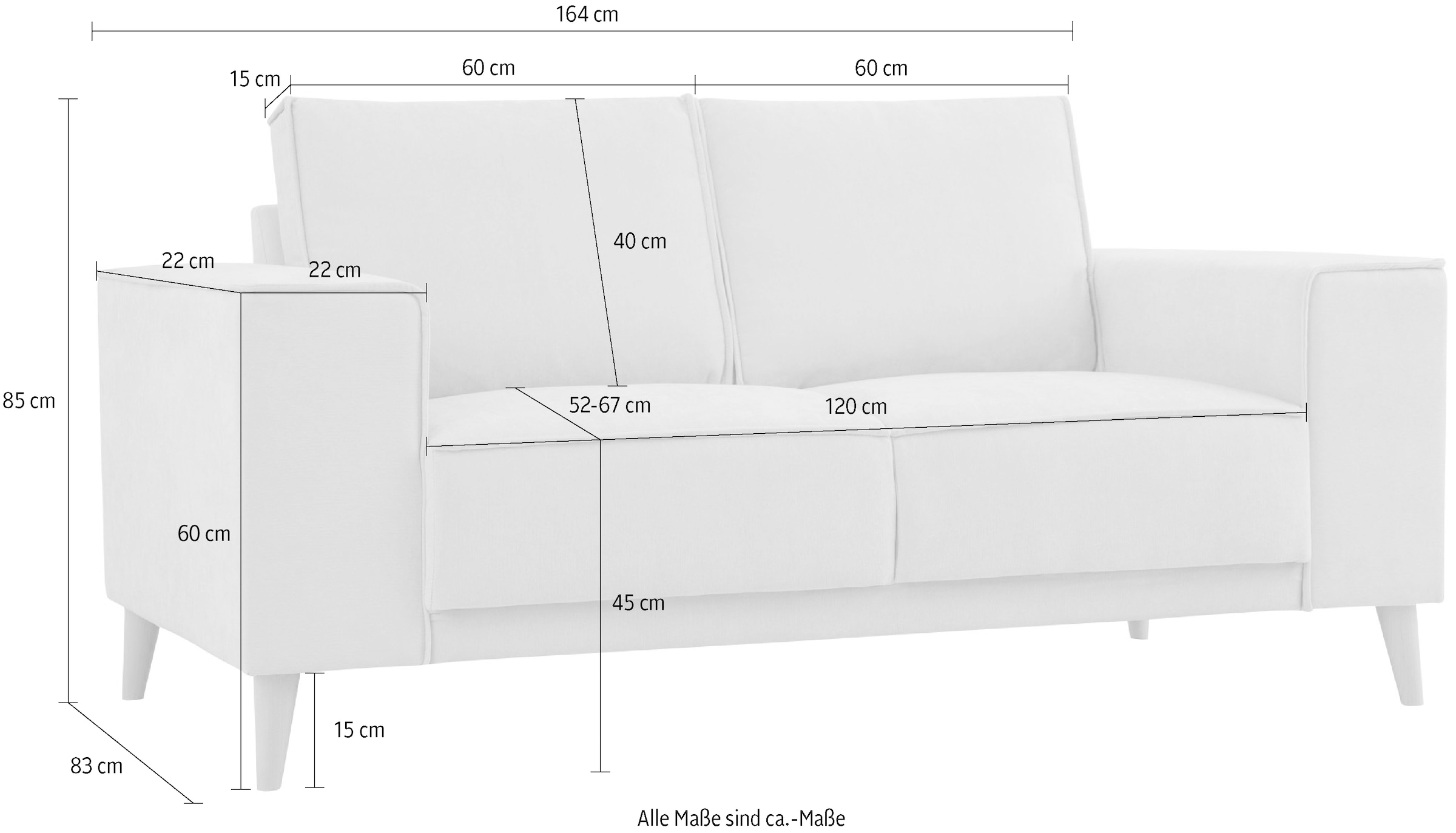 GOODproduct 2-Sitzer »Oland Skandi, weicher Chenille-Stoff« 164 cm, Wellenunterfederung, Skandi-Design, Massivholzfüsse